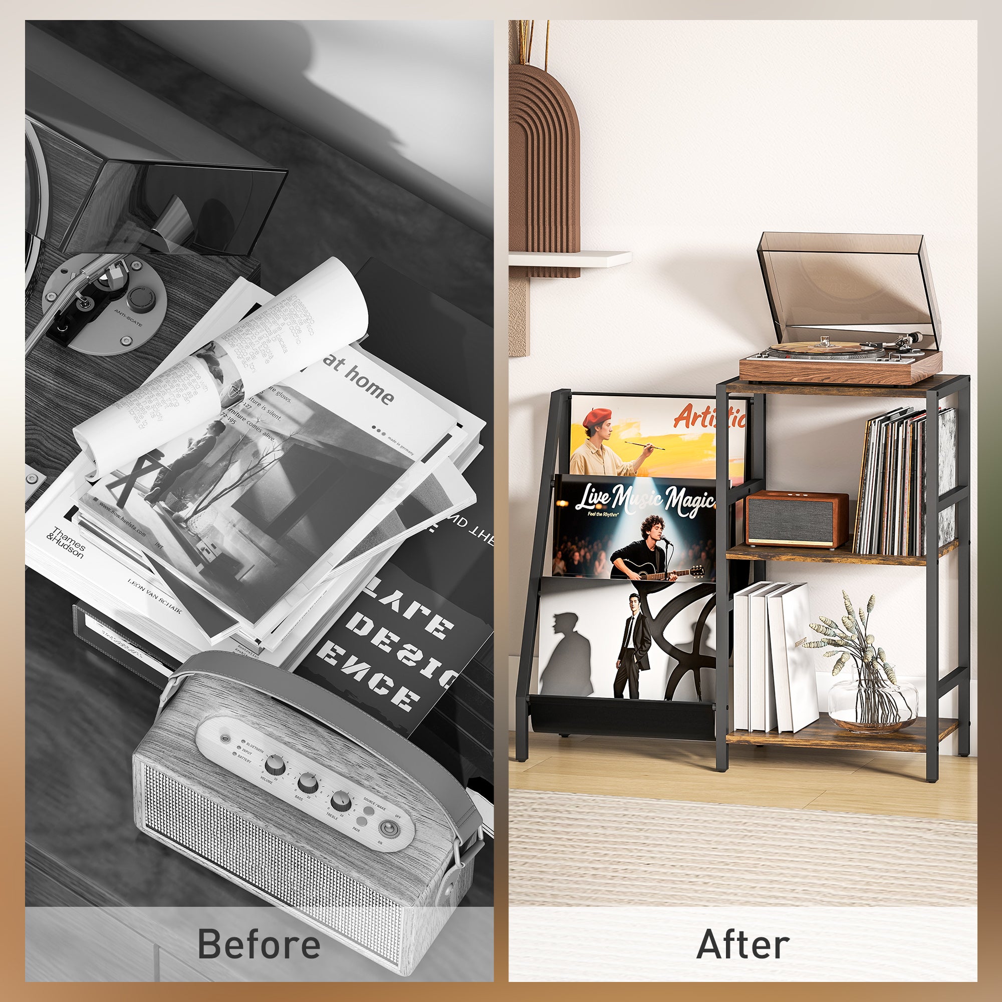 HOMCOM 3-Tier Record Player Stand, End Table for Living Room, Bedroom - Rustic Brown - North Peak Garden Furniture