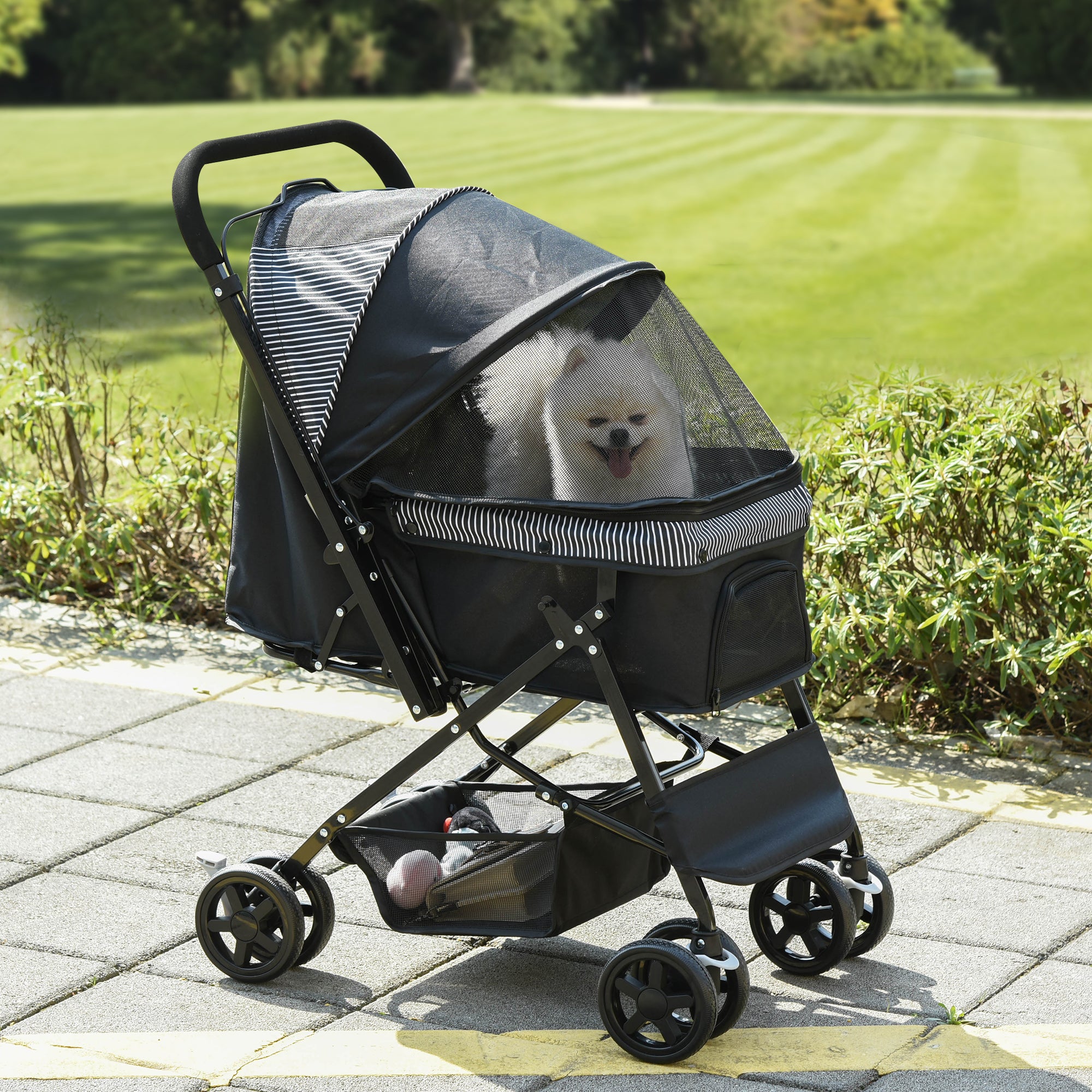 PawHut Pet Stroller Pushchair Foldable Travel Dog Cat Carriage w/ Reversible Handle Brake Basket - North Peak Garden Furniture
