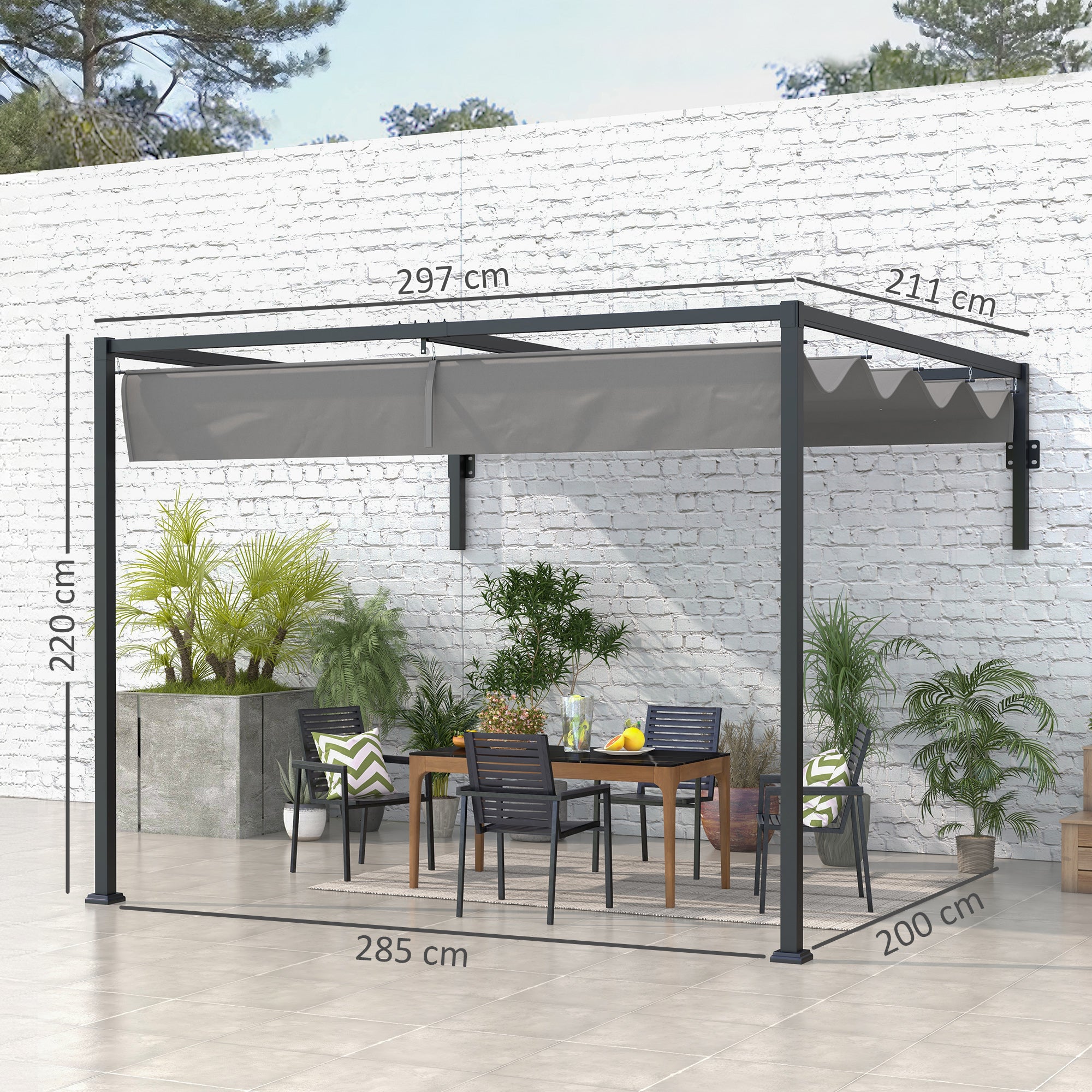 Outsunny 2 x 3(m) Lean To Pergola, Metal Pergola with Retractable Roof for Grill, Garden, Patio, Deck