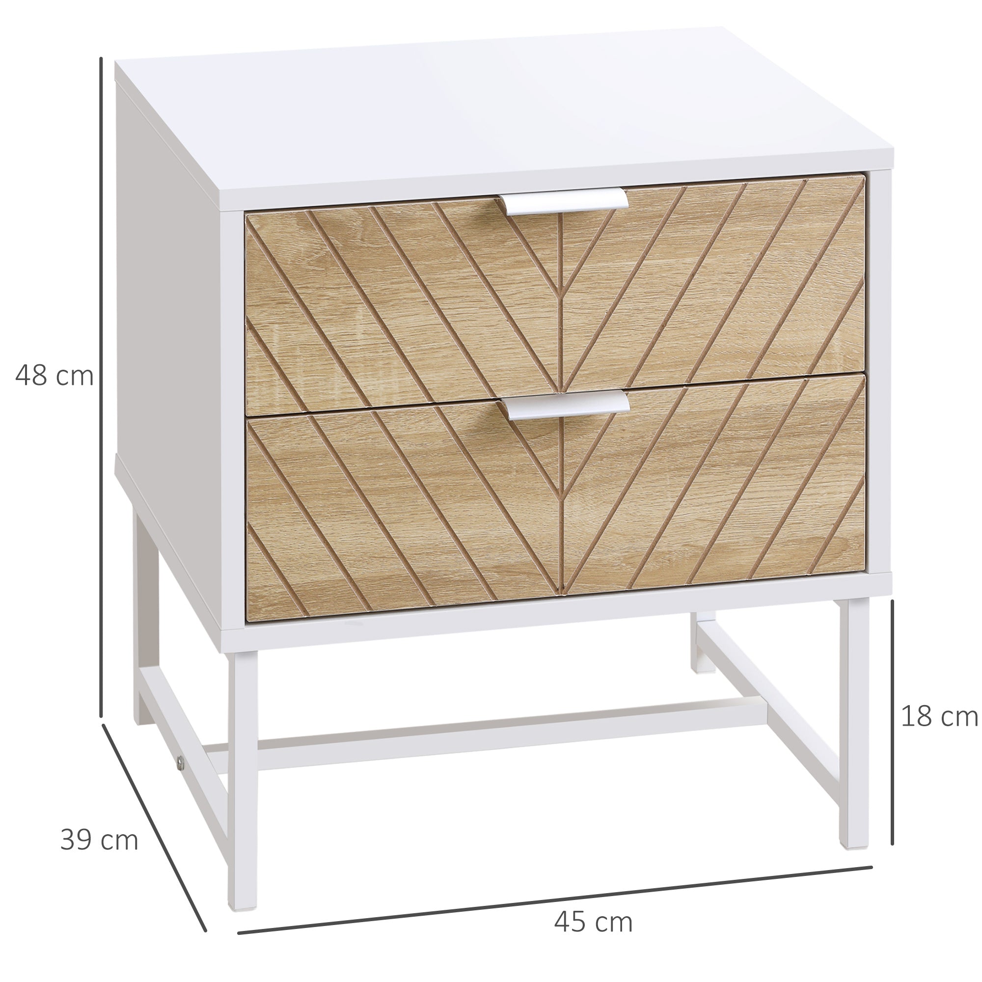 HOMCOM Modern Bedside Table with 2 Drawers and Metal Frame, Sofa Side Table for Bedroom Living Room, Set of 2, White and Oak - North Peak Garden Furniture