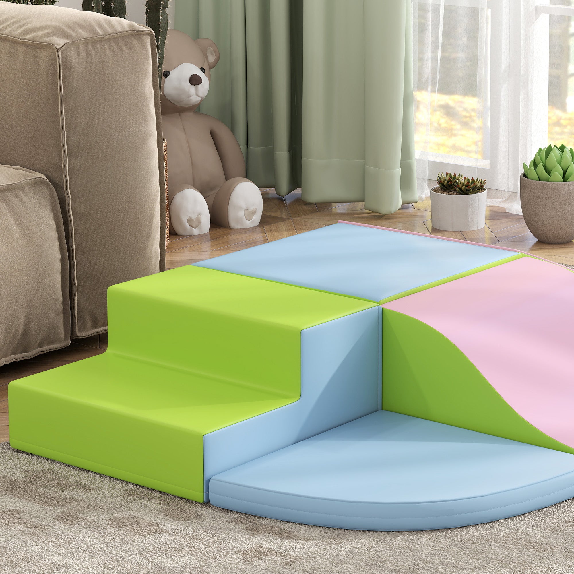 HOMCOM 6 Piece Soft Play Equipment for Kids Climb and Crawl, Pink - North Peak Garden Furniture