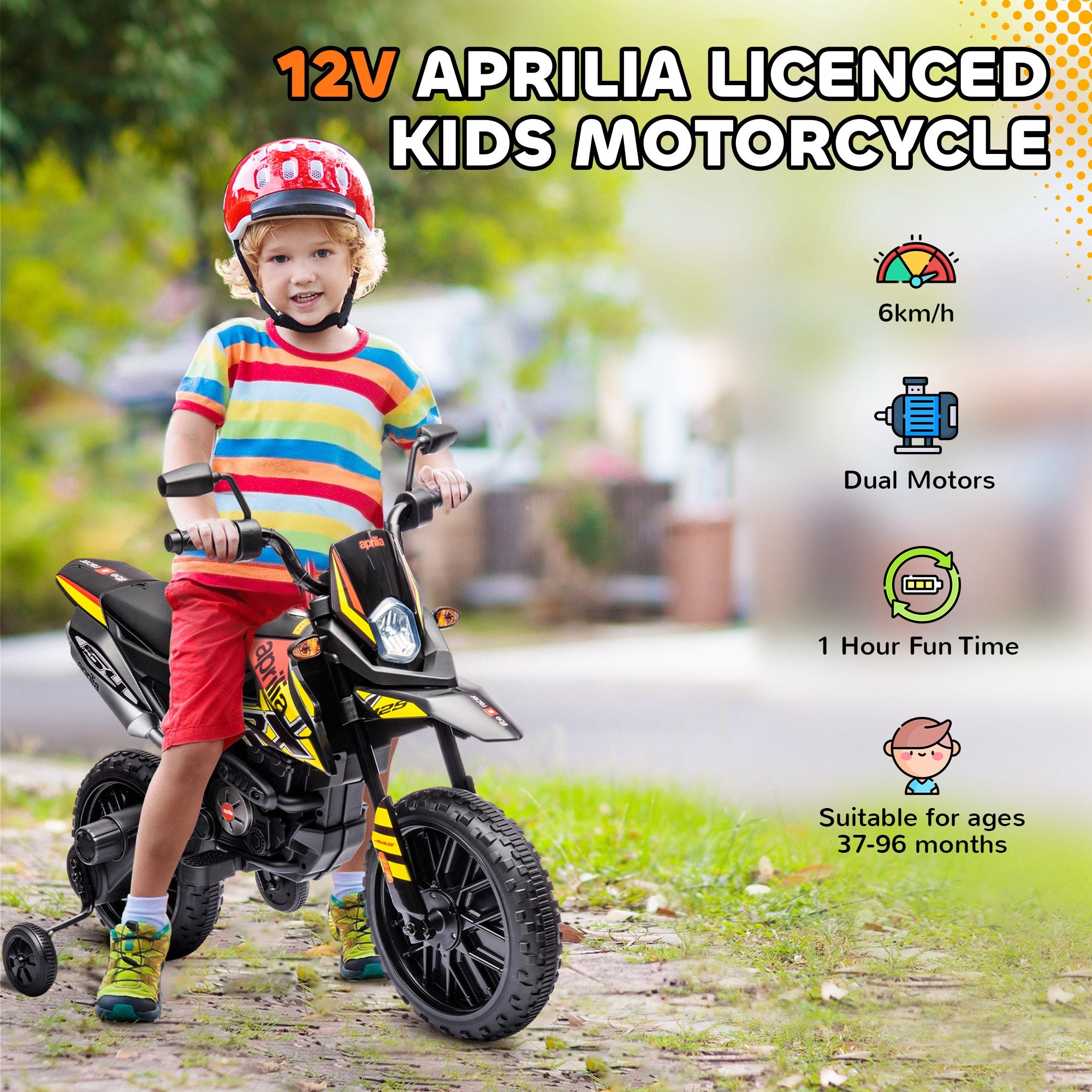 AIYAPLAY 12V Aprilia Licenced Kids Motorbike with Training Wheels, Spring Suspension, LED Light, USB, Music, Yellow - North Peak Garden Furniture