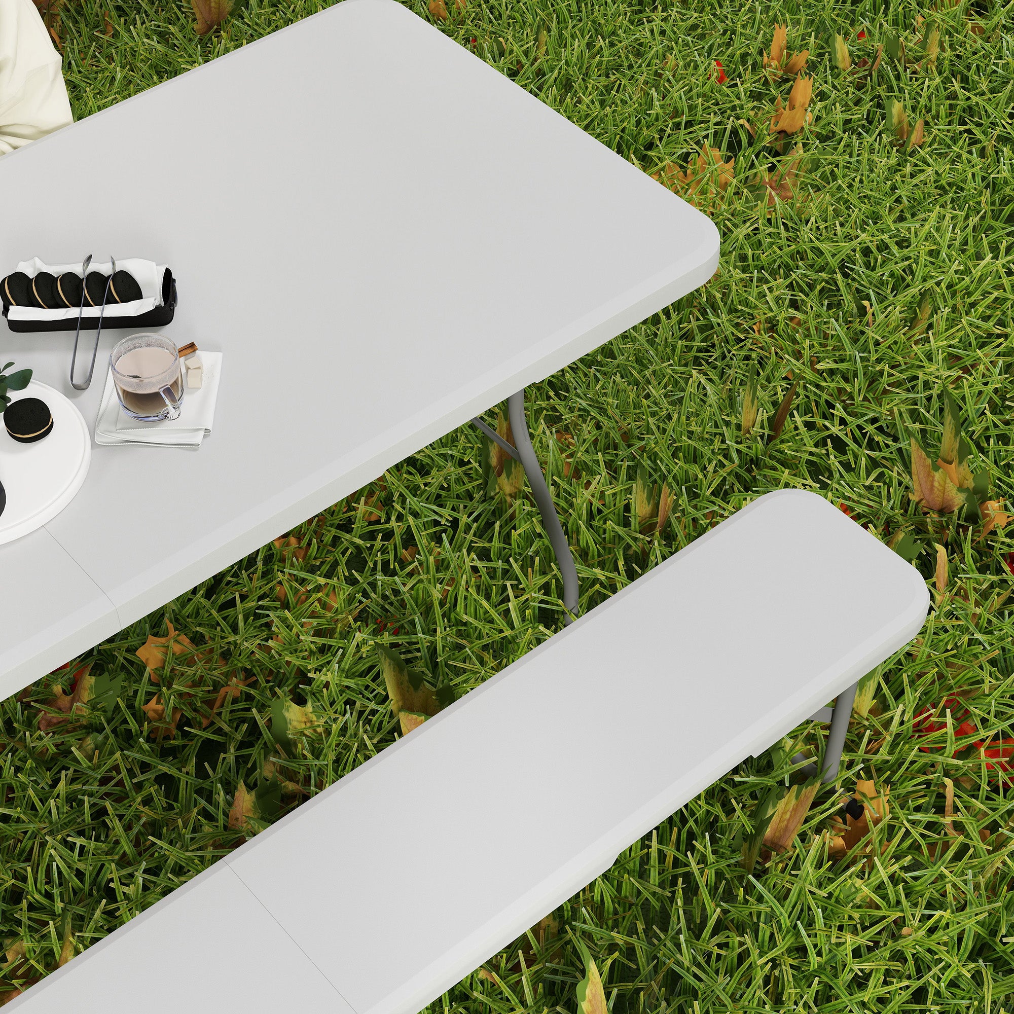 Outsunny 3 Piece 6ft Folding Picnic Table and Bench Set, Portable HDPE Camping Table and Chairs with Carrying Handles for Indoor Outdoor, Dining, Camping, Picnic, BBQ, Party, White - North Peak Garden Furniture