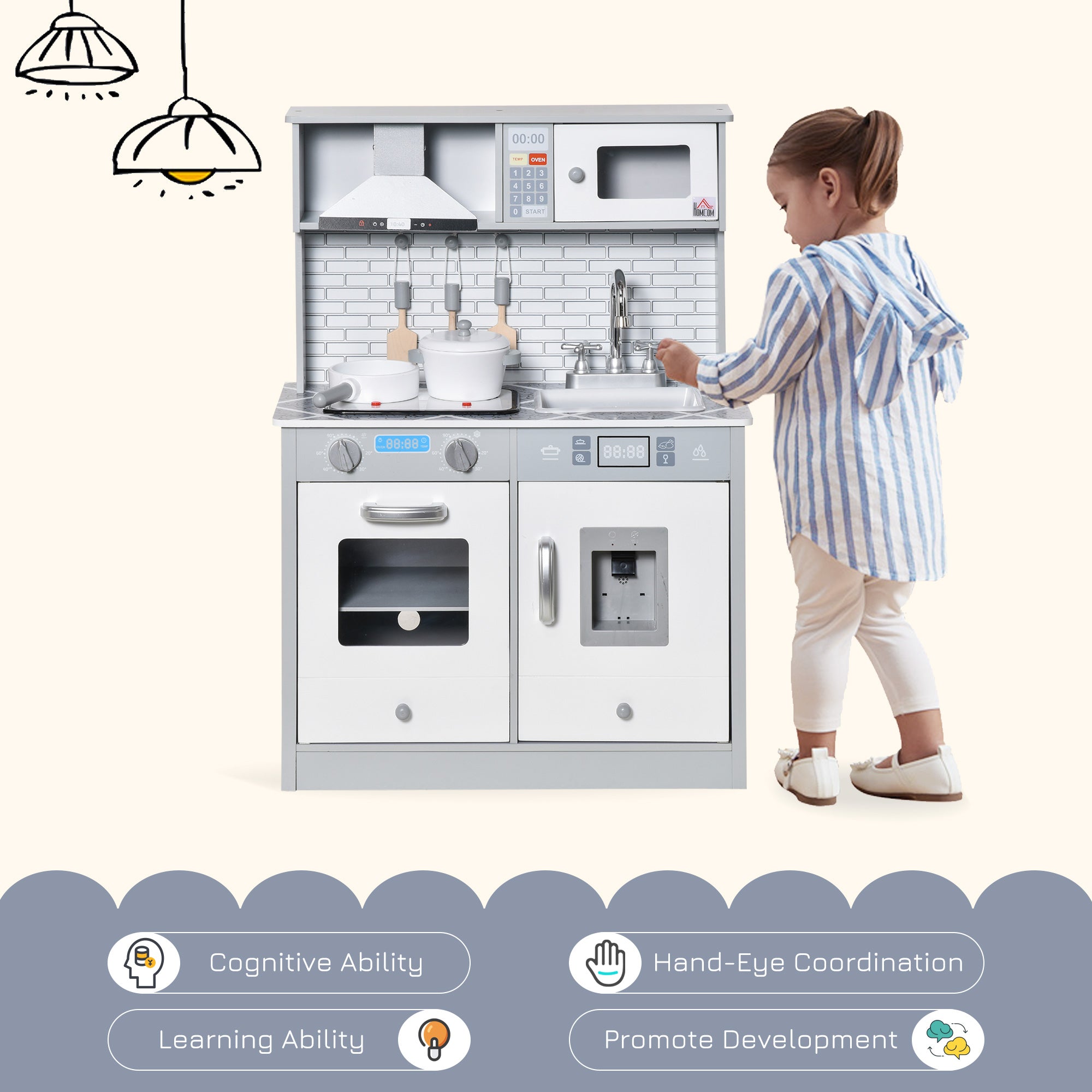 HOMCOM Kids Wooden Toy Kitchen Pretend Play Cooking Playset w/ Sound & Light Effect, Battery Operated Cooktop, Ice Machine, Marble Pattern Countertop, for 3-6 Years Old - North Peak Garden Furniture