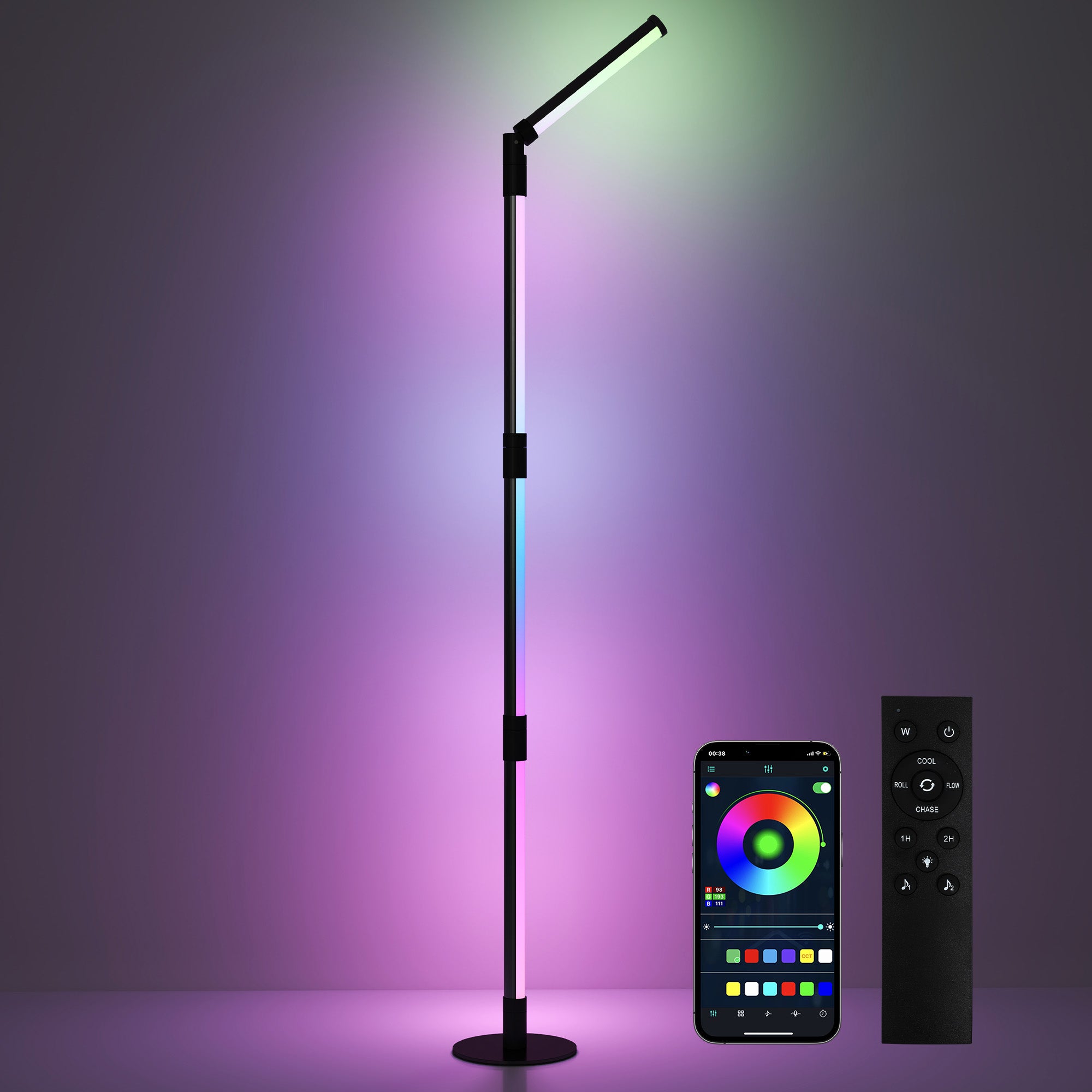 HOMCOM LED Floor Lamp, 360° RGB Detachable Corner Floor Lamp with App & Remote Control, Colour Changing Standing Lamp with Music Sync & Timing, for Living Room, Game Room, Dark Grey - North Peak Garden Furniture