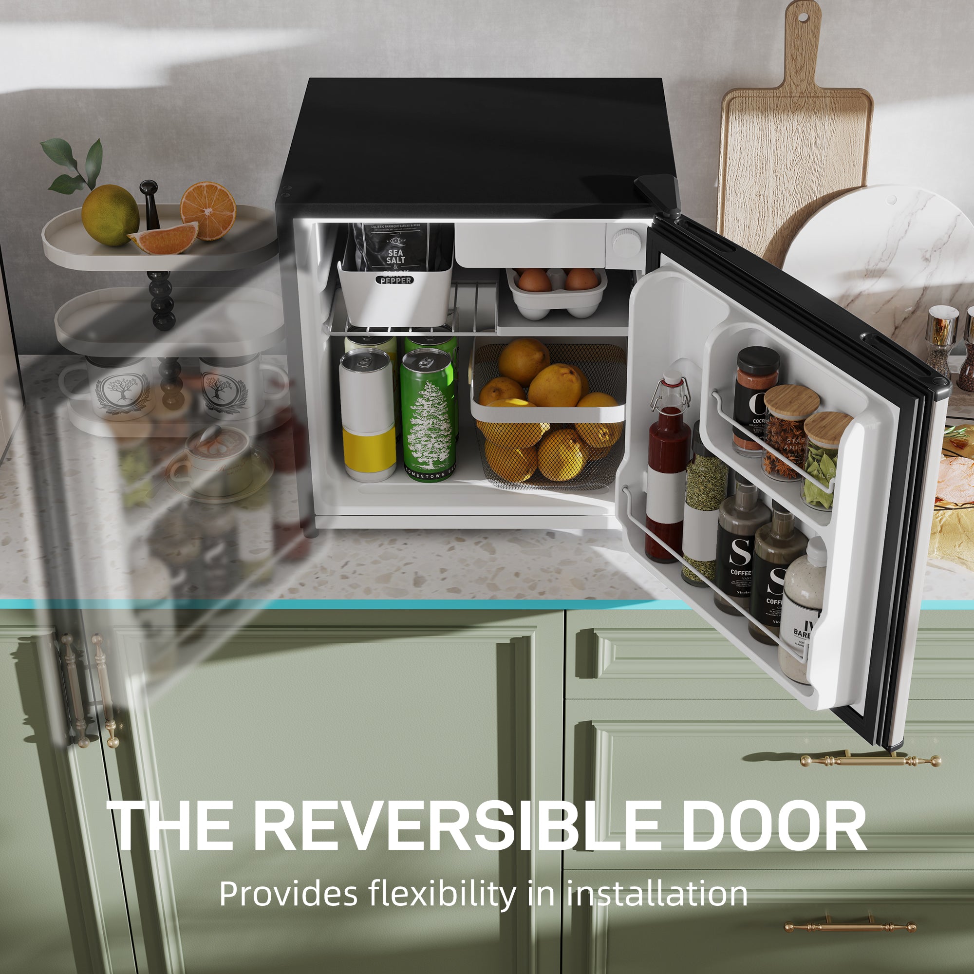 HOMCOM 46 Litre Table Top Mini Fridge, Small Fridge with Ice Box, Reversible Door, Adjustable Temperature and Legs for Bedrooms, Home Office, Silver Tone - North Peak Garden Furniture