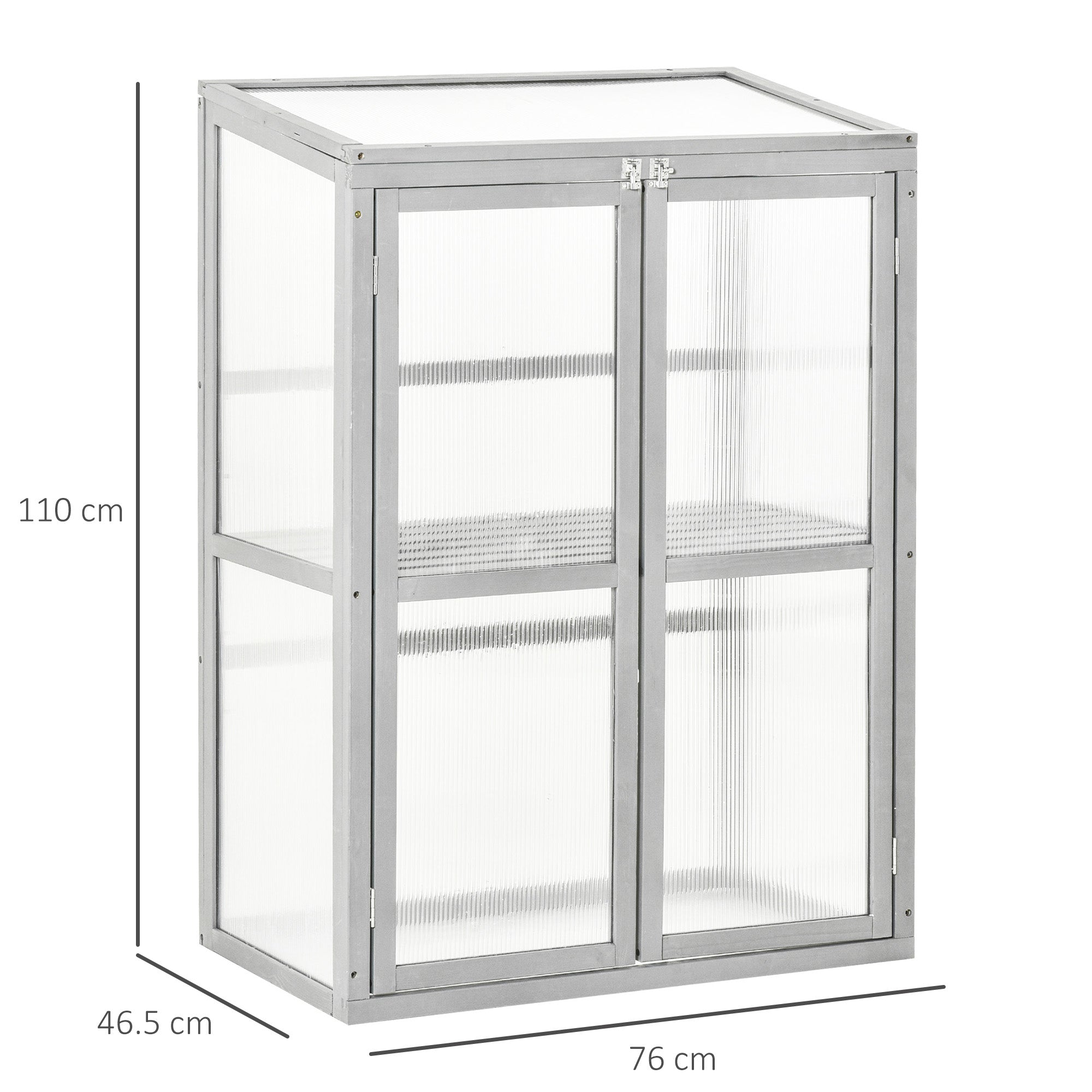 Outsunny Wooden Cold Frame Greenhouse Polycarbonate Garden Grow House for Flower Vegetable Plants with Adjustable Shelf, Double Doors, 76 x 47 x 110cm, Light Grey