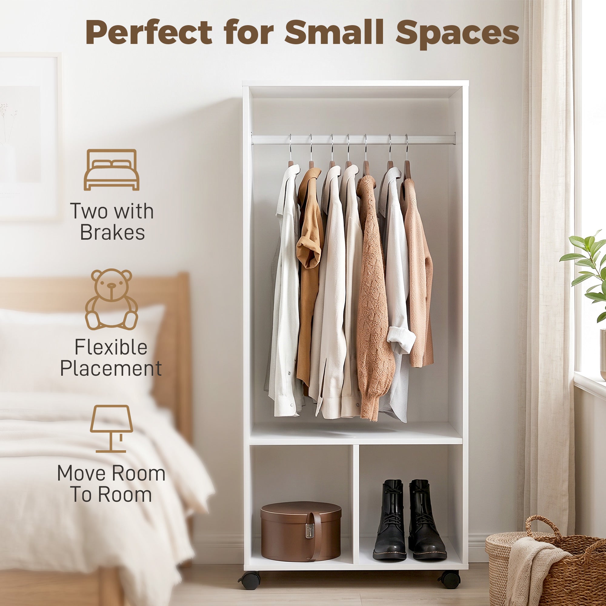 HOMCOM Open Wardrobe for Bedroom, Small Wardrobe on Wheels with Clothes Rail, Storage Shelves, Mobile Garment Rack for Clothes Storage, Cloakroom, Hallway, White