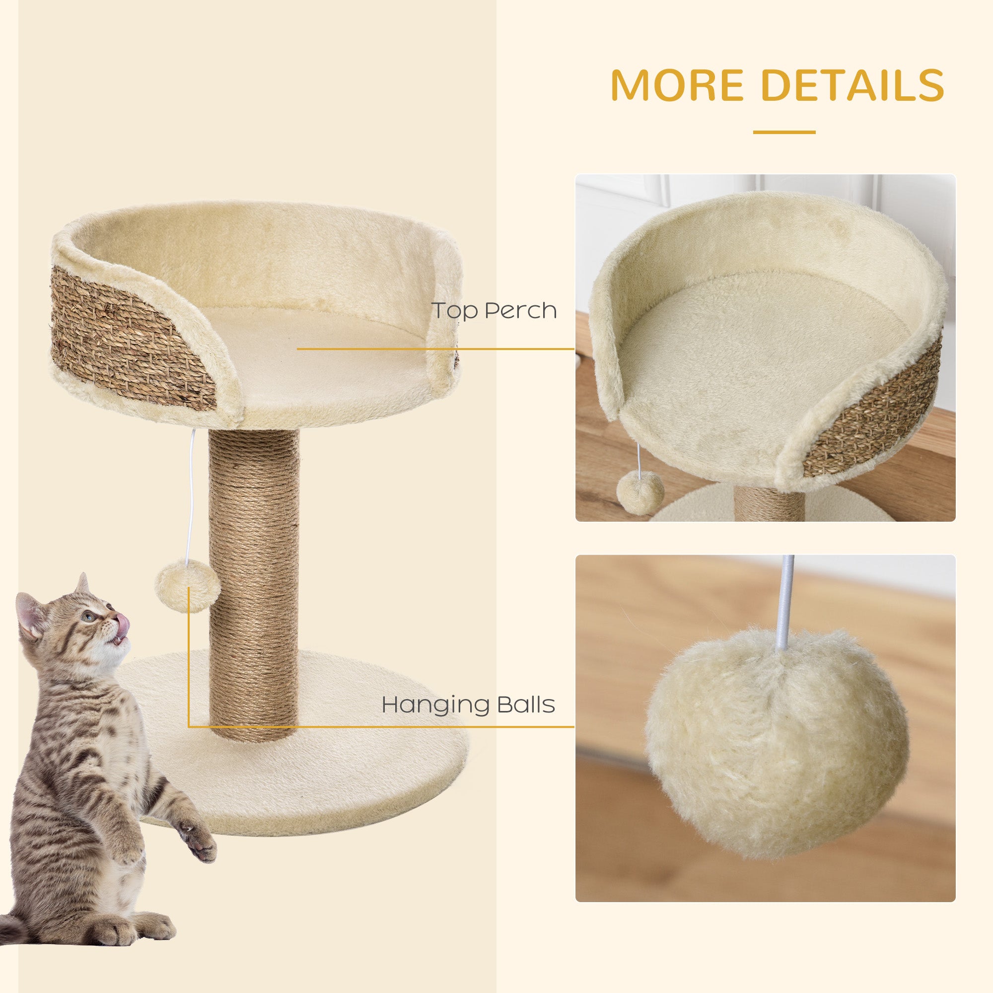 PawHut Cat Tree Tower Basics with Bed, Scratching Post, Activity Centre, Kitten House, Dangling Ball Perch, Beige