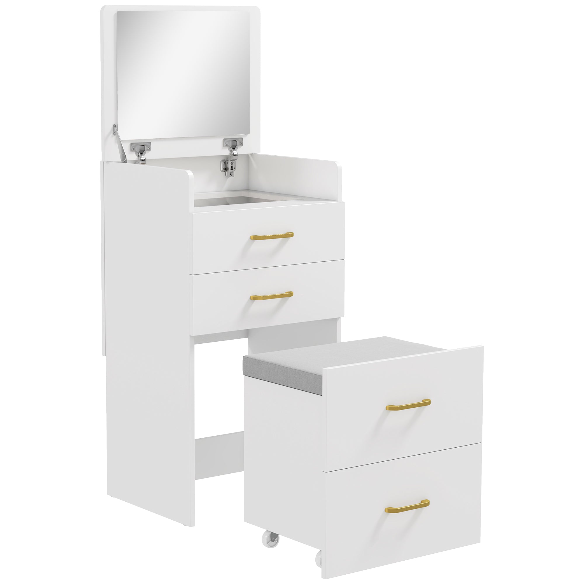 HOMCOM 3 in 1 Dressing Table with Flip-top Mirror and Rolling Stool, Modern Vanity Desk with Visible Glass Tabletop, Drawers and Side Hook, Makeup Table with Cushioned Storage Stool for Bedroom, White