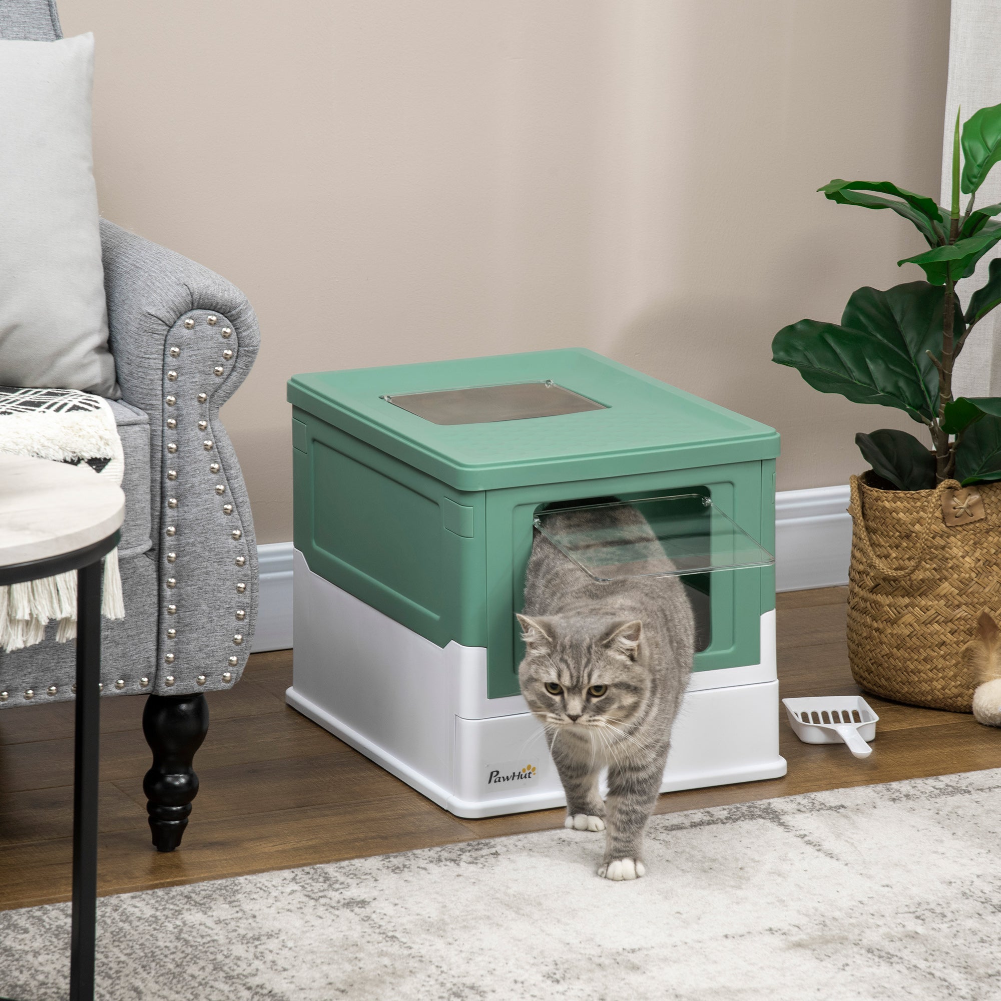 PawHut Hooded Cat Litter Box, Portable Pet Toilet, with Scoop, Front Entry - Green - North Peak Garden Furniture