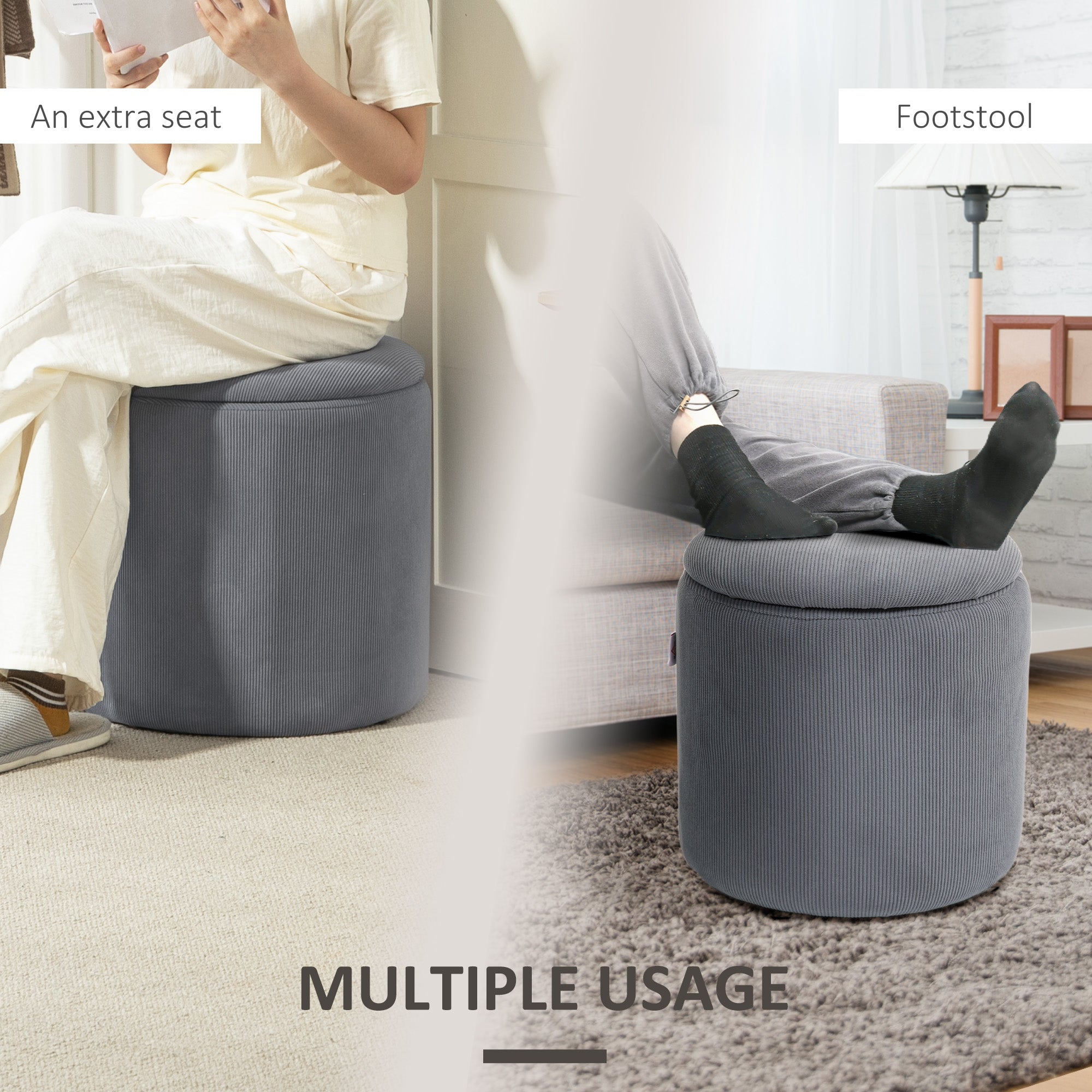 HOMCOM Set of Two Corduroy Storage Ottomans - Grey - North Peak Garden Furniture