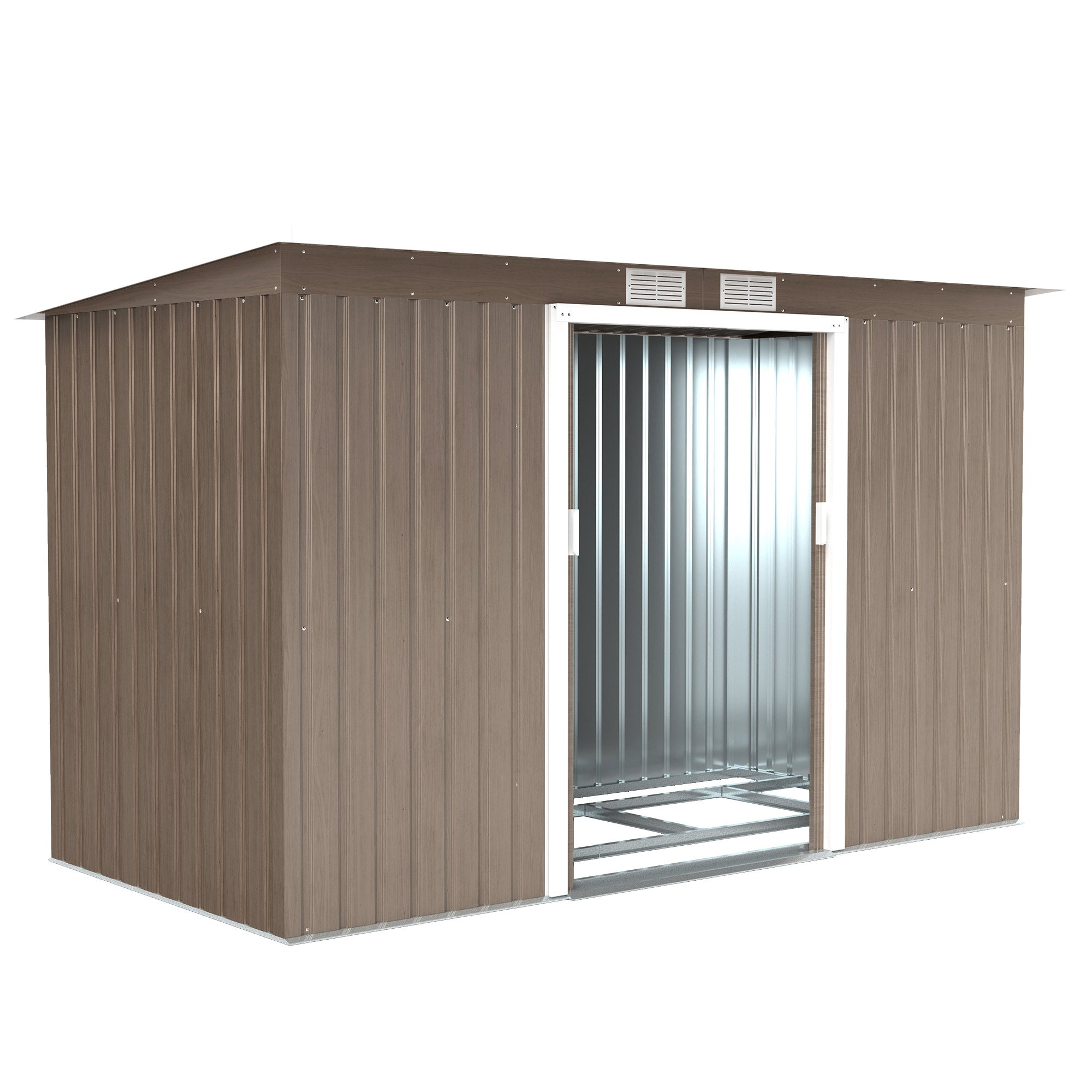 Outsunny 9ft x 4ft Metal Garden Shed, Outdoor Tool House with Foundation Kit, Ventilations and Double Doors, Light Grey Wood Grain