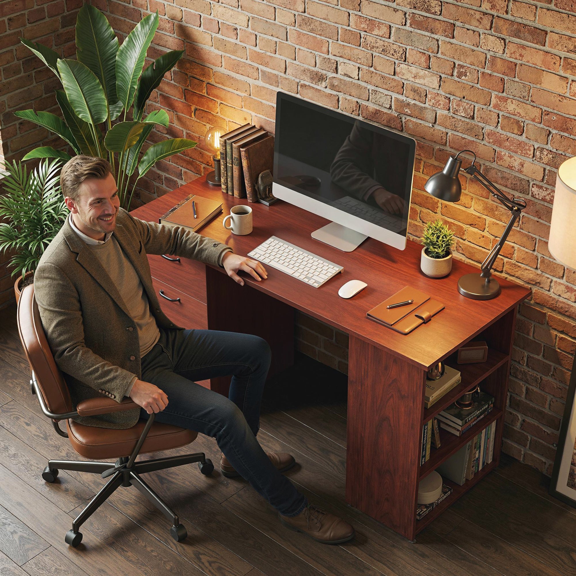 HOMCOM Computer Desk, Writing Table, PC Workstation with 3 Storage Shelves and Drawers, Handle, for Home Office, Walnut Brown