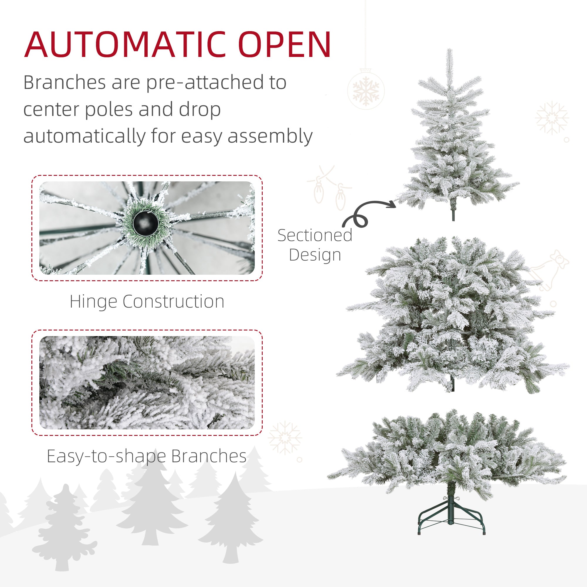 HOMCOM 6ft Bushy Snow-Flocked Artificial Christmas Tree, with LED Lights - North Peak Garden Furniture