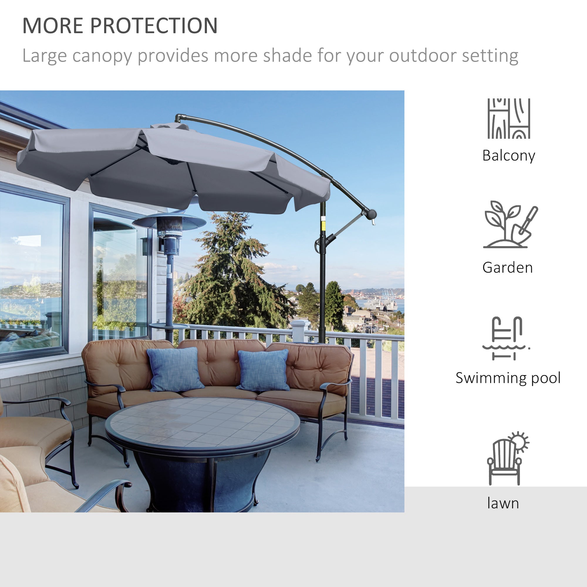 Outsunny 2.7m Garden Banana Parasol Cantilever Umbrella with Crank Handle and Cross Base for Outdoor, Hanging Sun Shade, Dark Grey - North Peak Garden Furniture