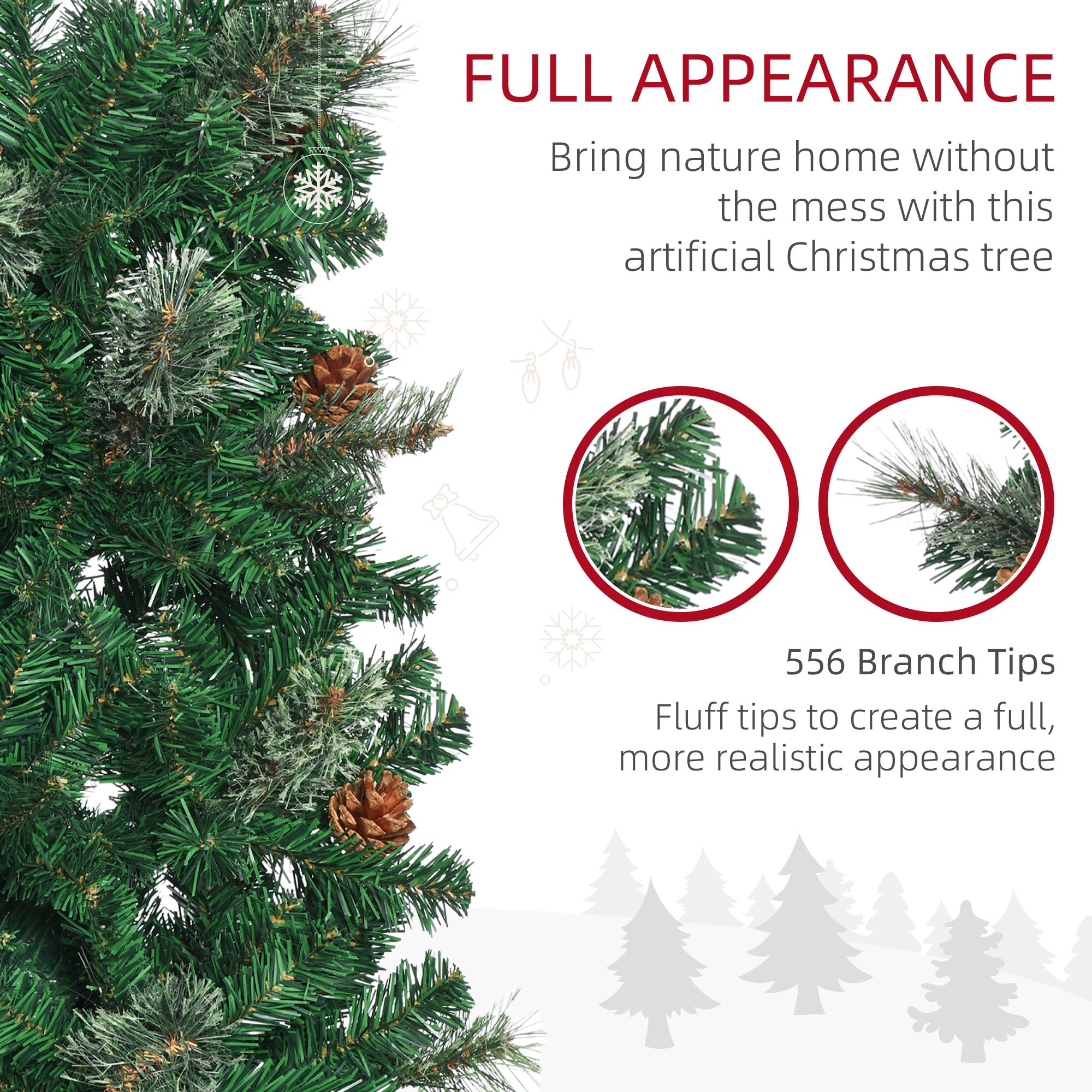 HOMCOM 6.5FT Tall Pencil Slim Artificial Christmas Tree with Realistic Branches, Tip Count and Pine Cones, Pine Needles Tree, Xmas Decoration, Green - North Peak Garden Furniture