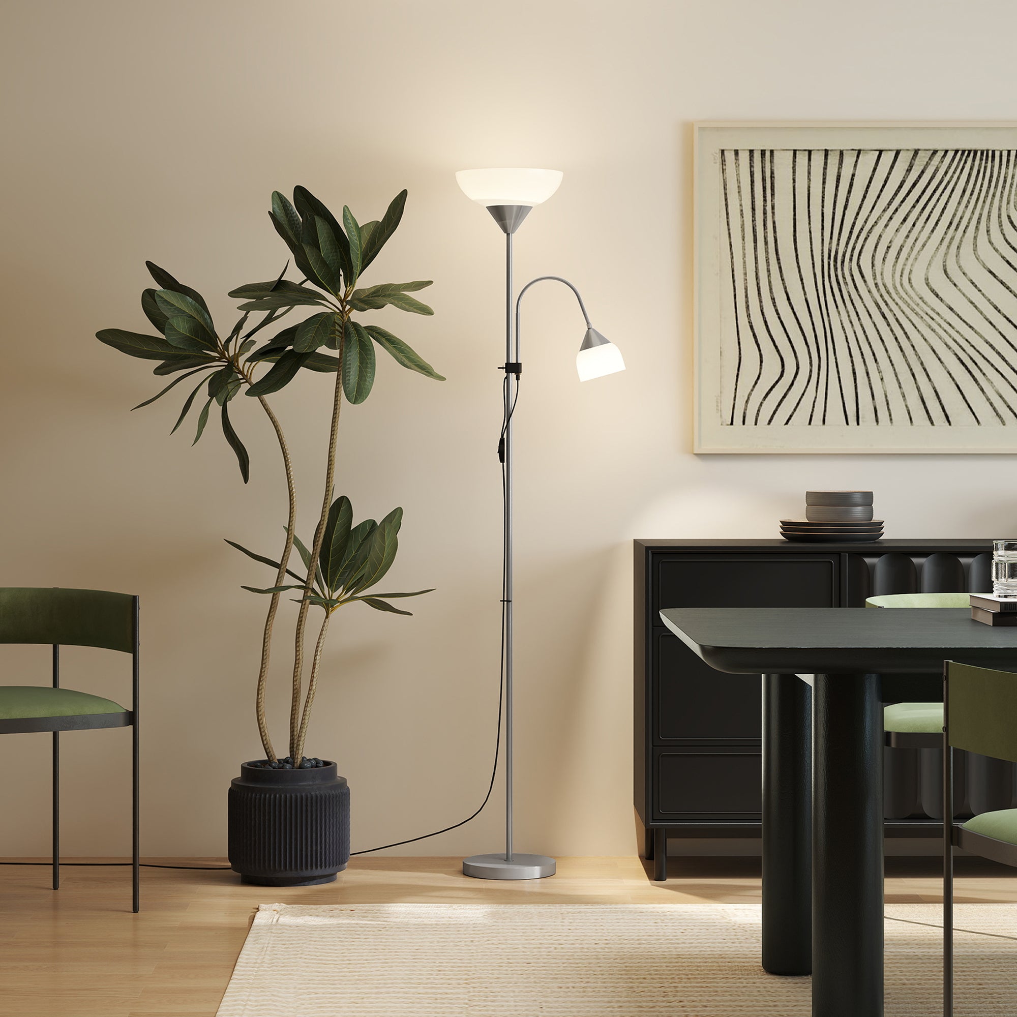 HOMCOM Modern Floor Lamp, Uplighter 2-Light Reading Lamp with Adjustable Heads, Tall Standing Lamp for Living Room, Bedroom, Office - North Peak Garden Furniture
