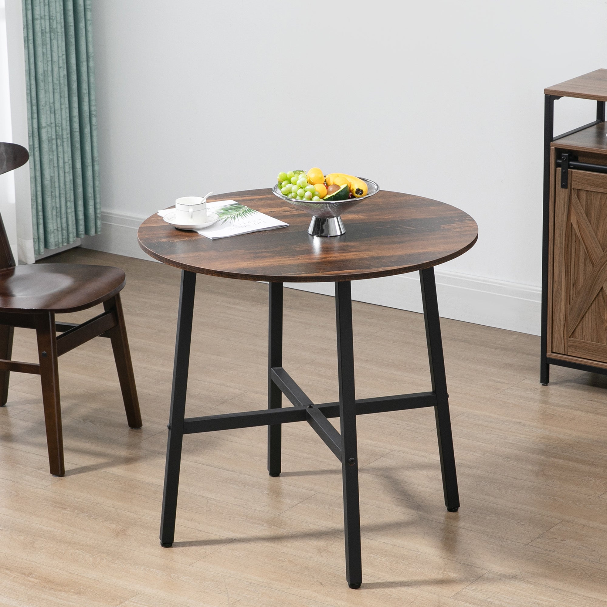 HOMCOM 85cm Dining Room Table, Industrial Style Kitchen Table Round with Steel Legs, Rustic Brown - North Peak Garden Furniture