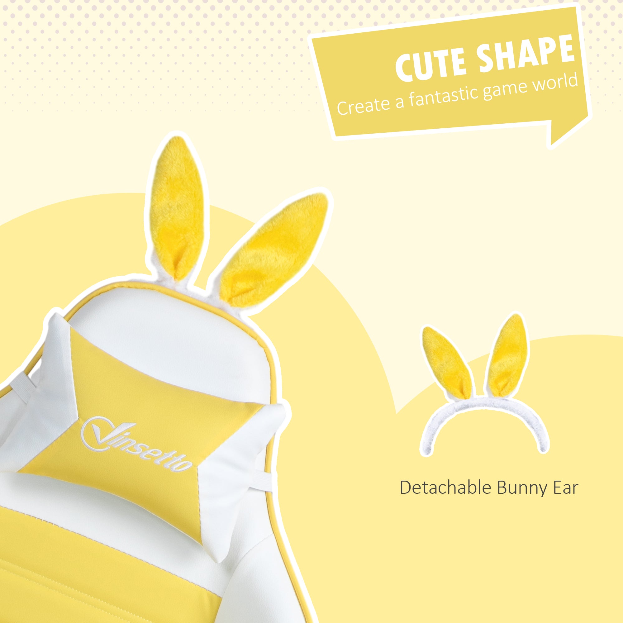 Vinsetto Racing Gaming Chair, Reclining PU Leather Computer Chair with Removable Rabbit Ears, Footrest, Headrest and Lumber Support, Yellow - North Peak Garden Furniture