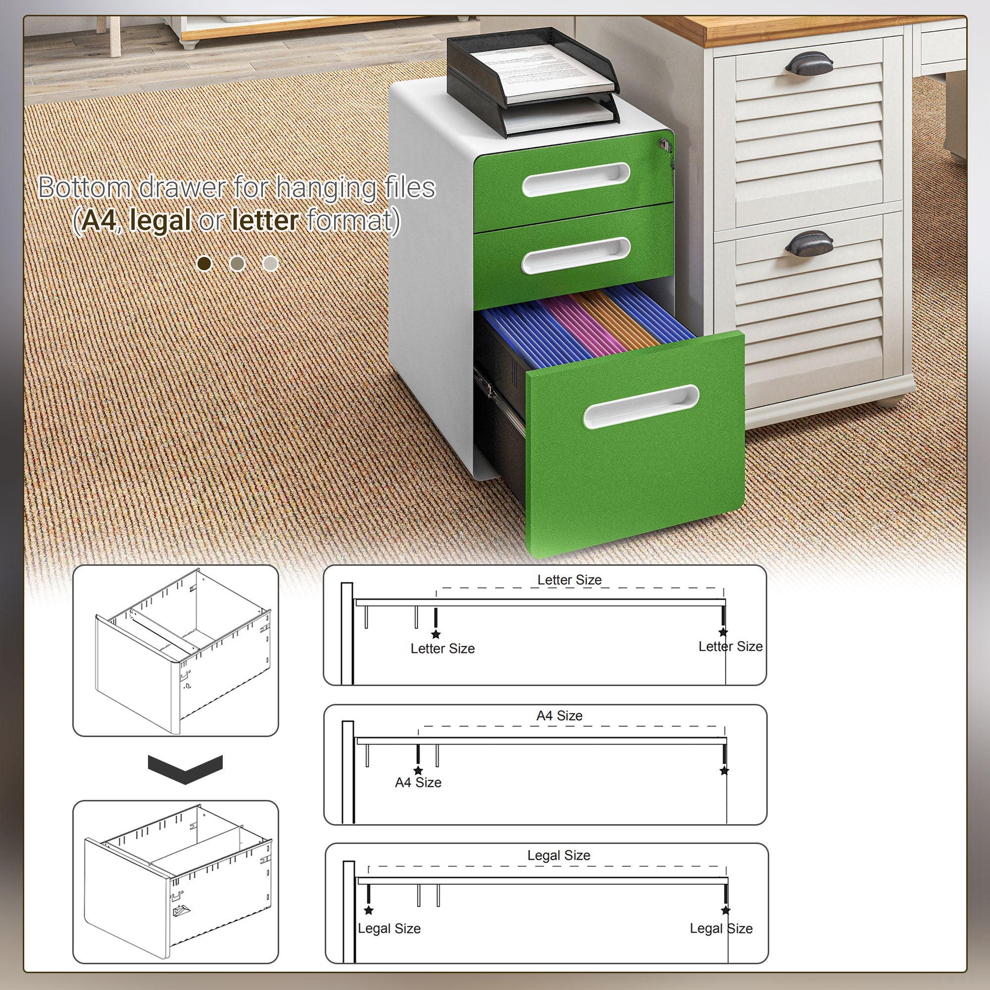 Vinsetto 3 Drawer Filing Cabinet, Steel Lockable File Cabinet with Lock and Wheels, for A4, Letter, Legal Sized Files, Green - North Peak Garden Furniture