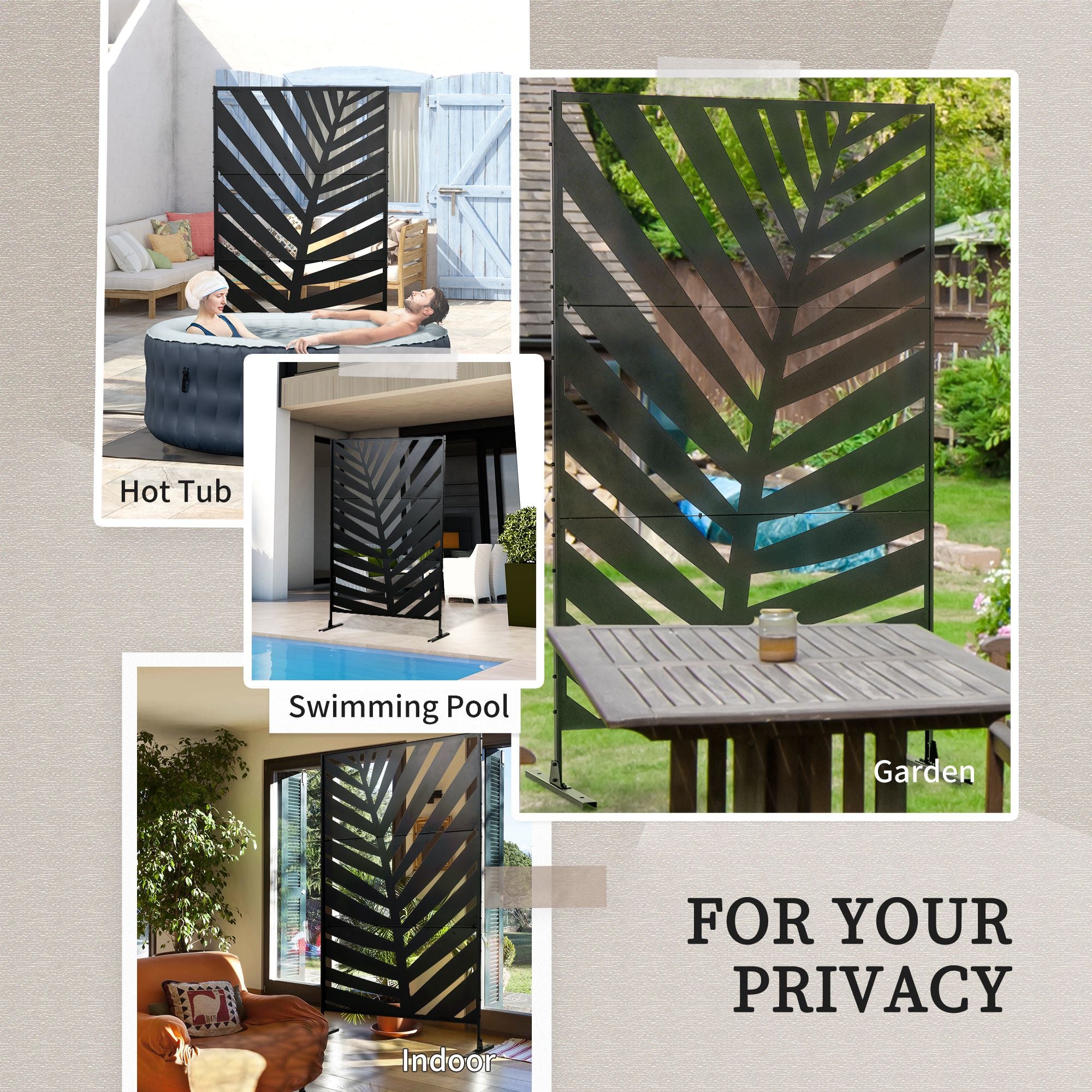 Outsunny Decorative Privacy Screen with Stand, 6.5FT Freestanding Metal Outdoor Divider, Decorative Privacy Panel with Expansion Screws for Garden Patio Pool Hot Tub, Banana Leaf Style, Black - North Peak Garden Furniture