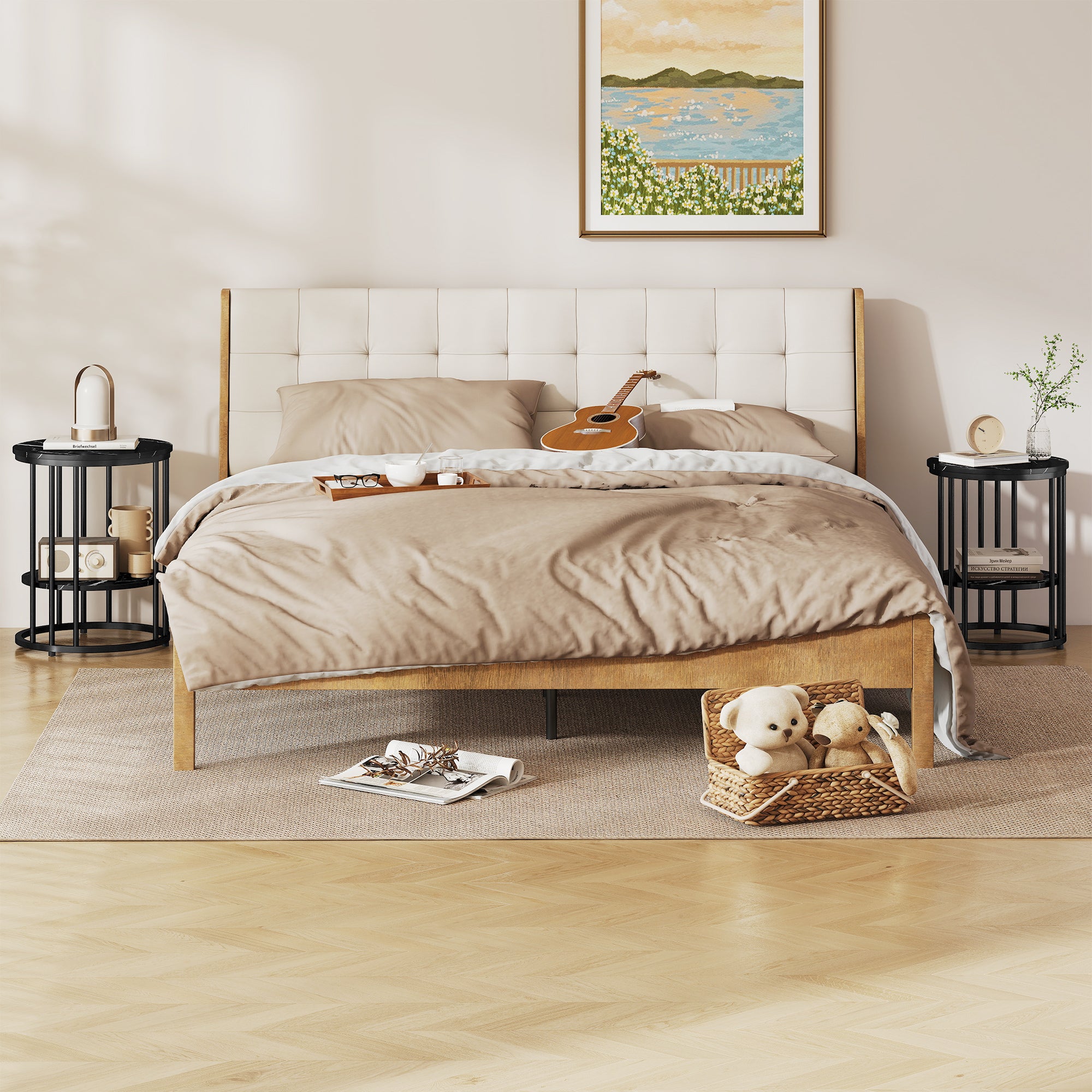 HOMCOM Set of Two Marble-Effect Coffee Tables - Black