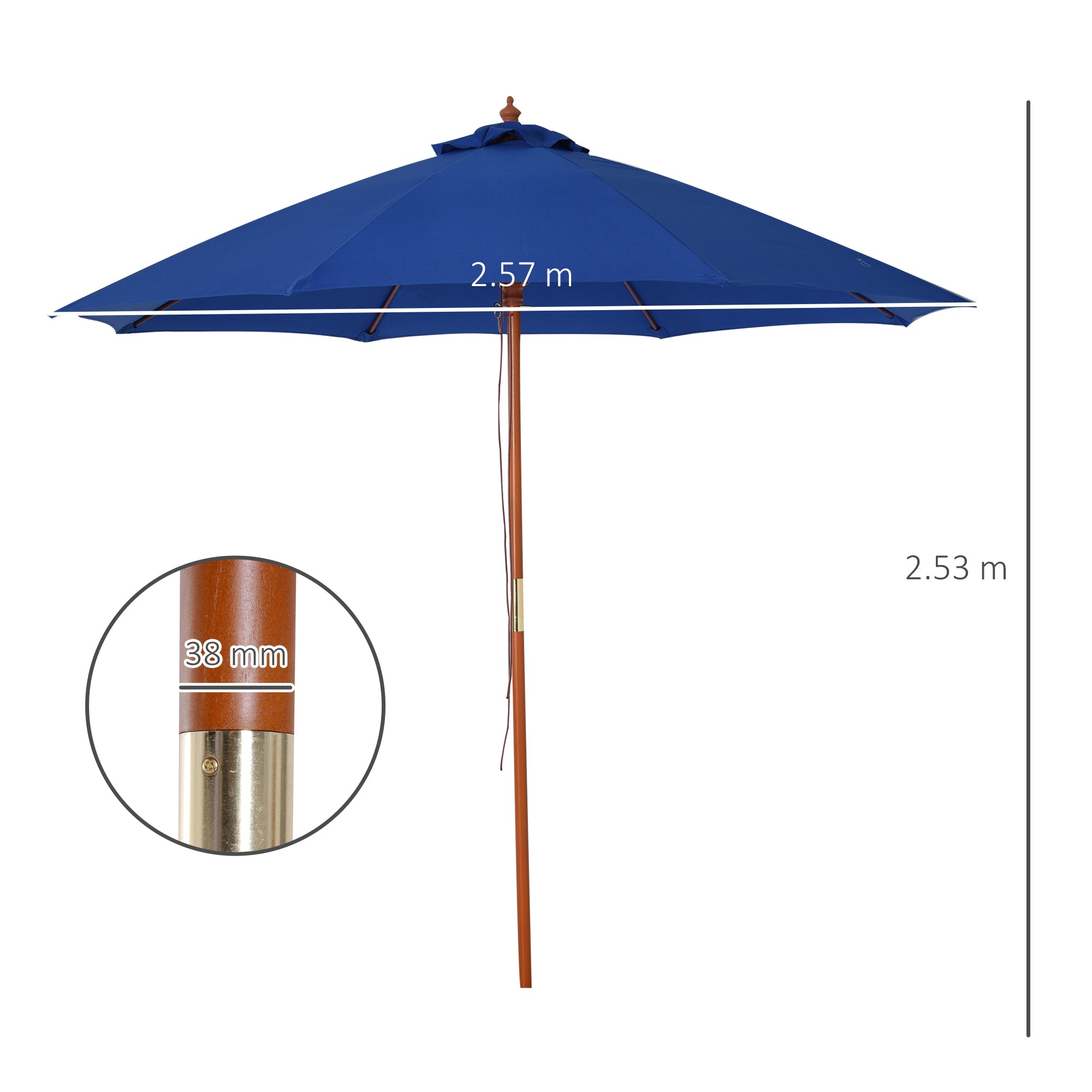 Outsunny 2.5m Garden Parasol Umbrella, Outdoor Market Table Umbrella with Wooden Pole & 8 Fibre Glass Ribs, Round Sun Shade Canopy, Blue