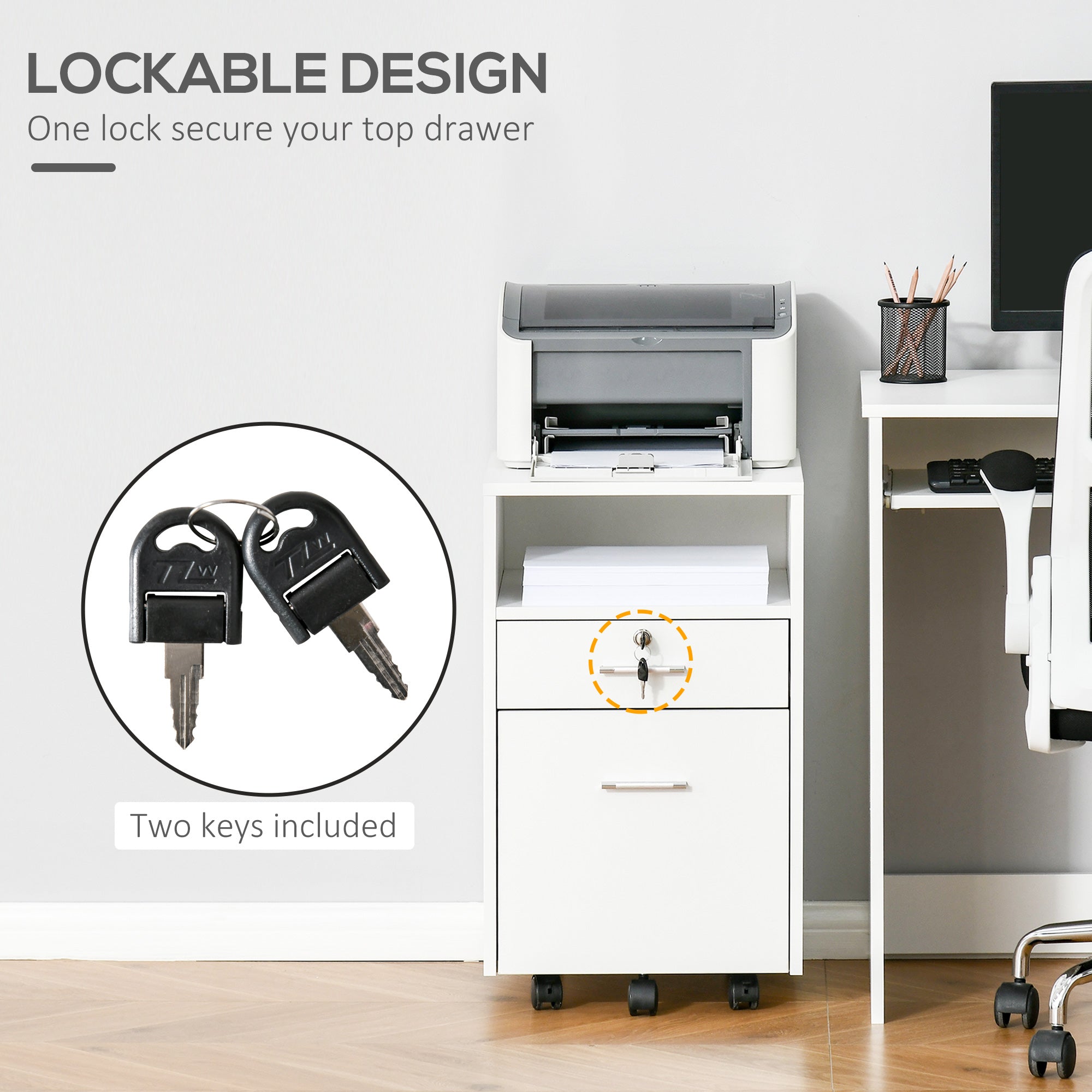Vinsetto Lockable Two-Drawer Filing Cabinet, with Wheels - White - North Peak Garden Furniture