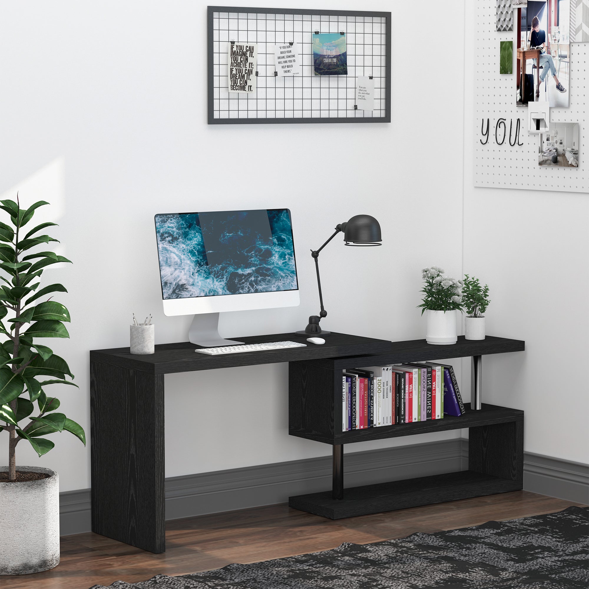 HOMCOM L Shaped Desk with 360° Rotating Storage Shelves, Corner Computer Desk, Space Saving Study Table for Home Office, Black