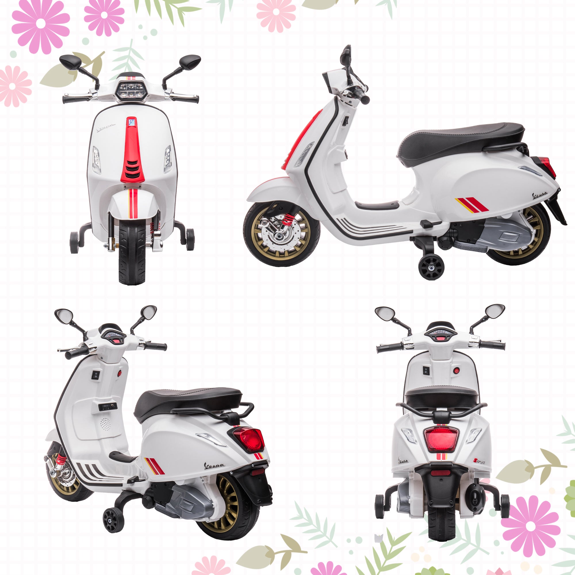 AIYAPLAY 12V Vespa Licensed Kids Electric Motorbike w/ Music, Headlights, FM Radio, for 3-6 Years - White - North Peak Garden Furniture