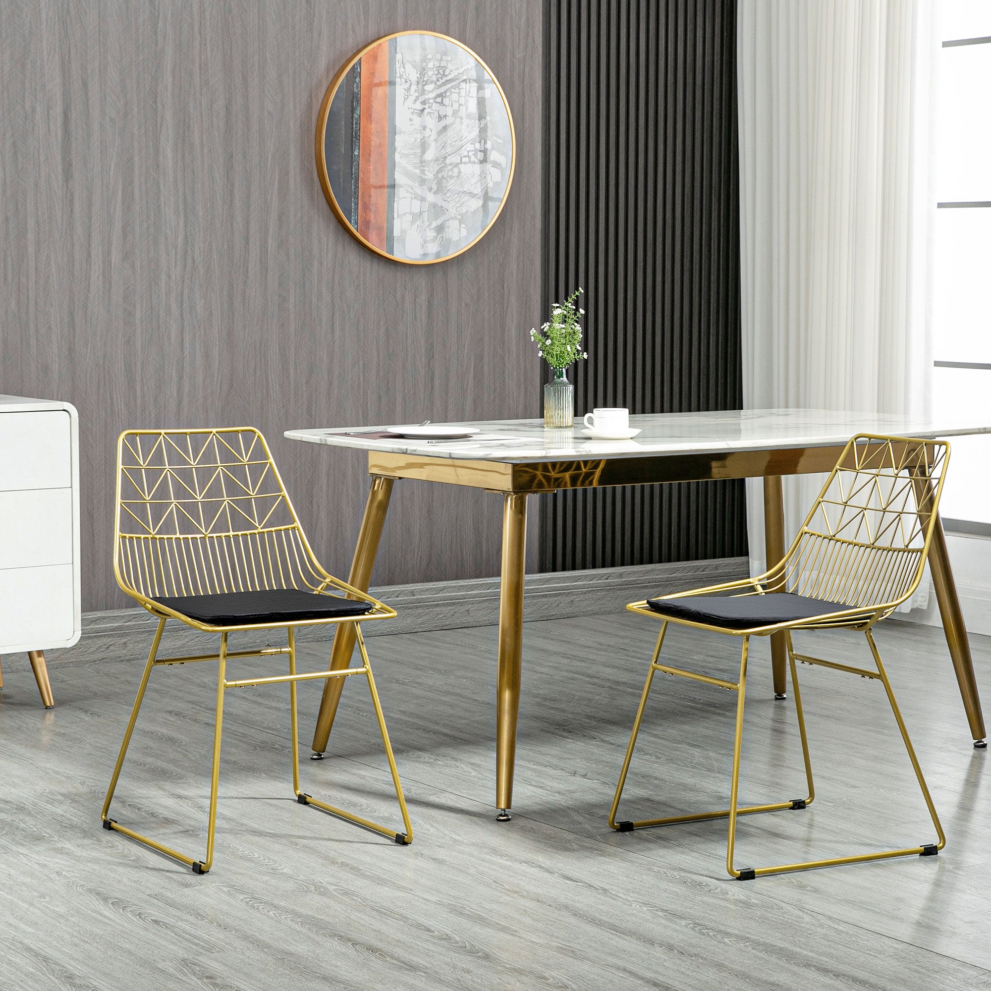 HOMCOM Luxurious Dining Chairs Set of 2, Metal Wire Kitchen Chair with Removable Velvet-feel Cushion, Cut-out Back and Steel Frame for Dining Room, Gold Tone - North Peak Garden Furniture