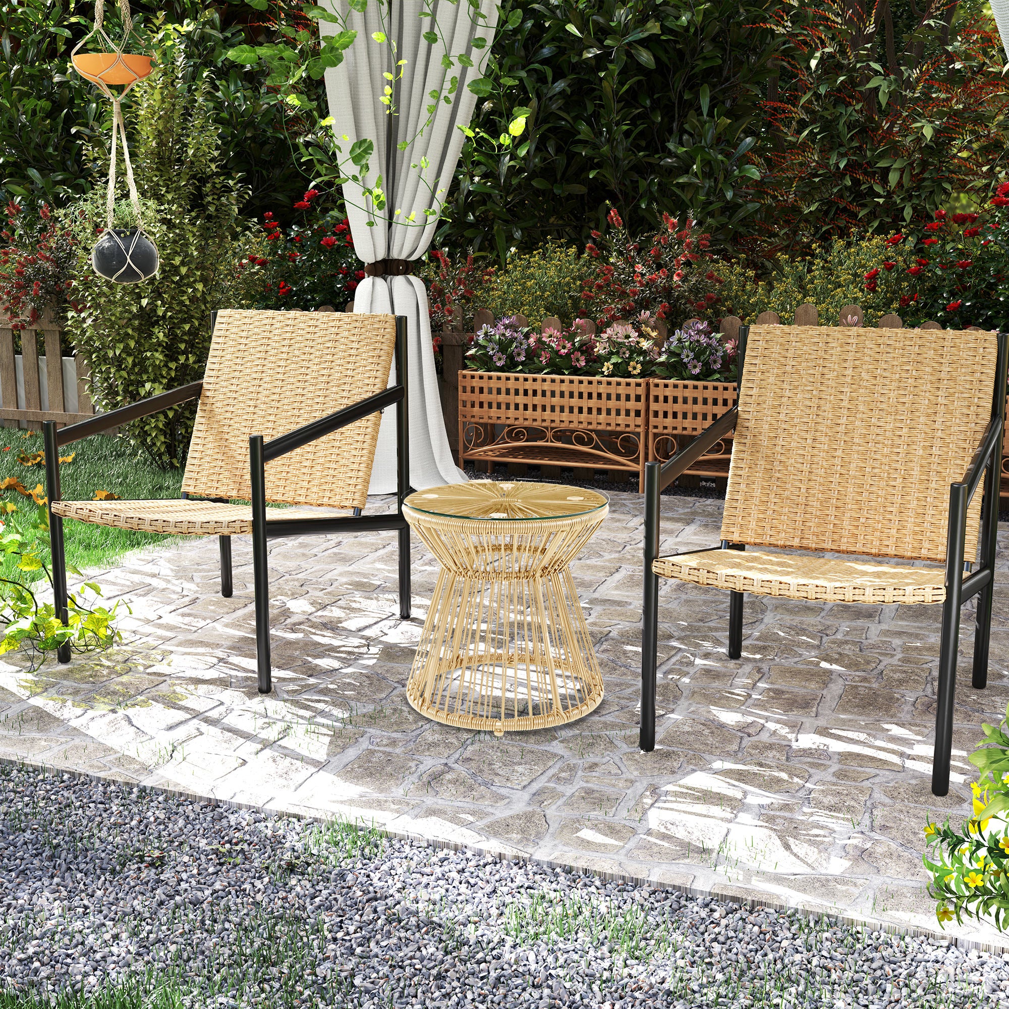 Outsunny Round End Table, Rattan Side Table, Hollow Drum Design Coffee Table w/ Glass Tabletop for Patio, Garden, Balcony Natural - North Peak Garden Furniture