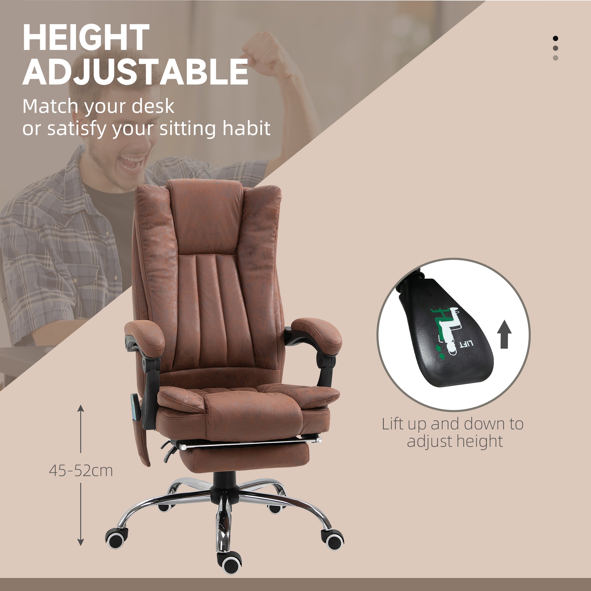 Vinsetto Office Chair with Massage and Heat, Microfibre Reclining Computer Desk Chair with Footrest and Adjustable Height, Swivel Wheels for Home Office, Brown - North Peak Garden Furniture