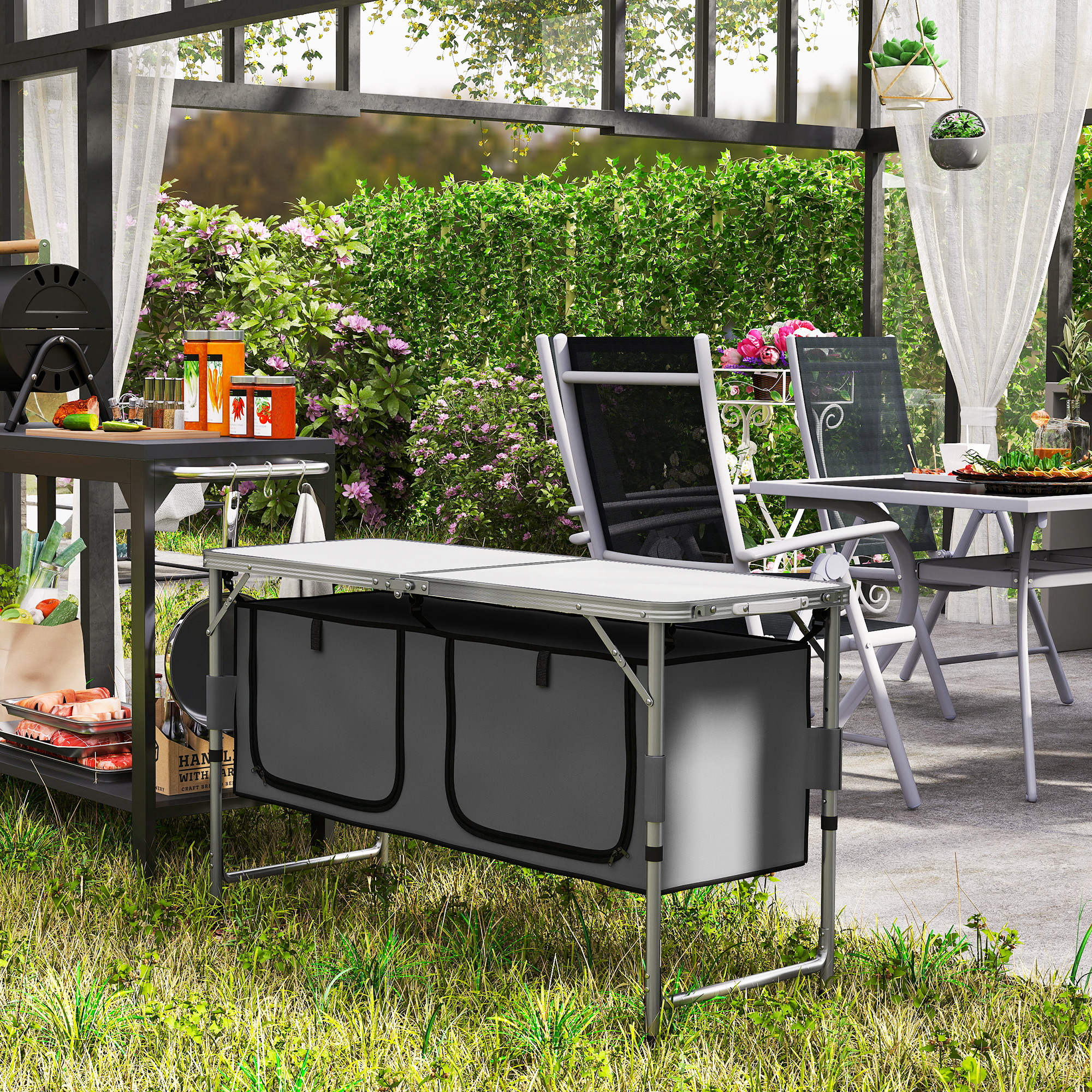 Outsunny 4ft Folding Picnic Table Portable Adjustable Camping Table Aluminum Outdoor Dining w/ Storage Underneath - North Peak Garden Furniture