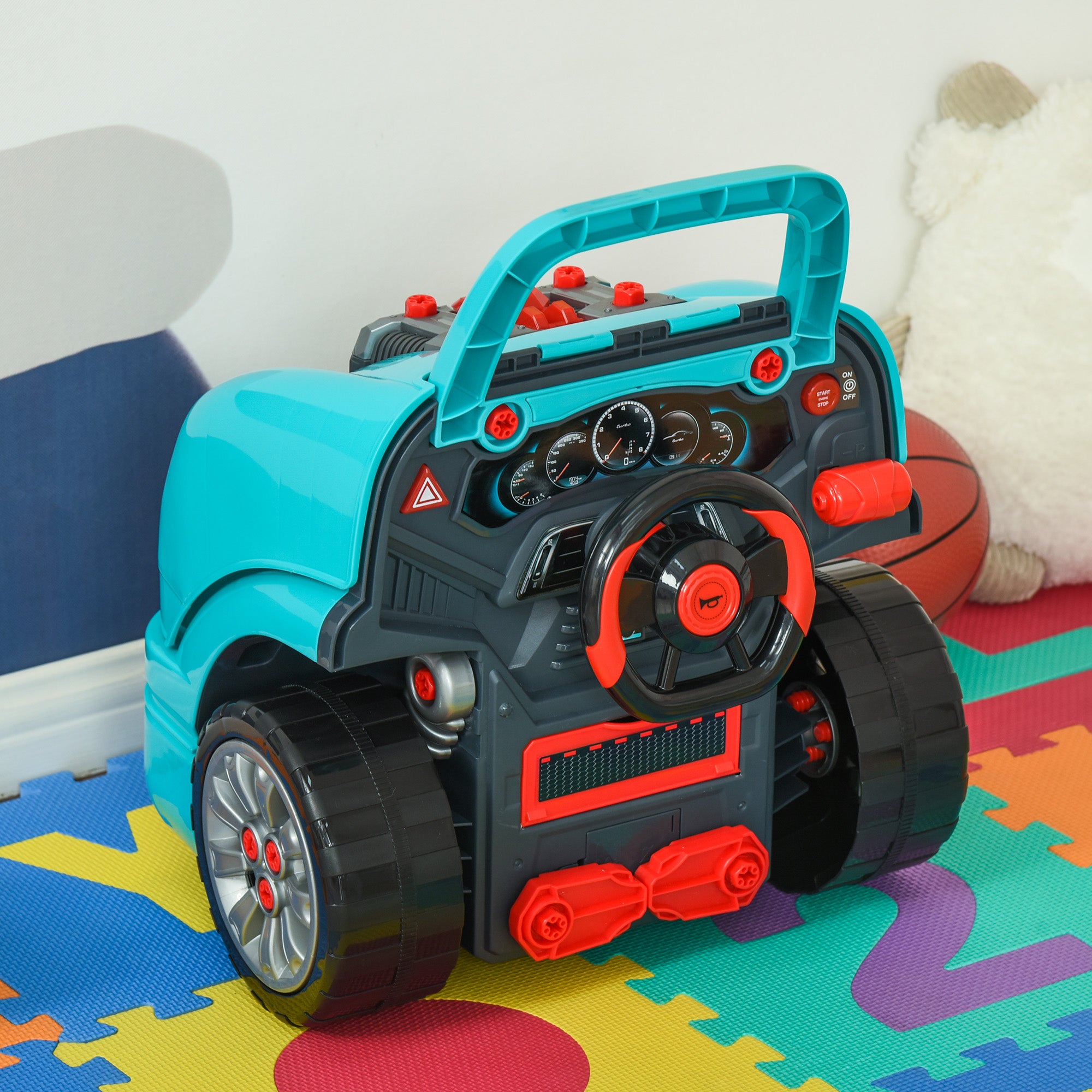 HOMCOM Kids Truck Engine Toy Set, with Horn, Light, Car Key, for Ages 3-5 Years - Teal - North Peak Garden Furniture