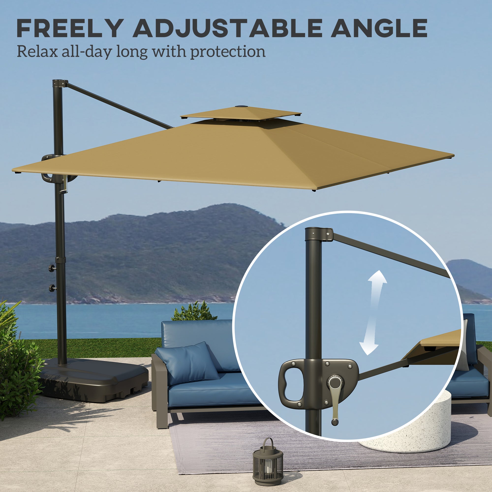 Outsunny Cantilever Parasol with Weighted Base Double Top Garden Parasol Square Hanging Patio Umbrella with Crank Tilt Khaki