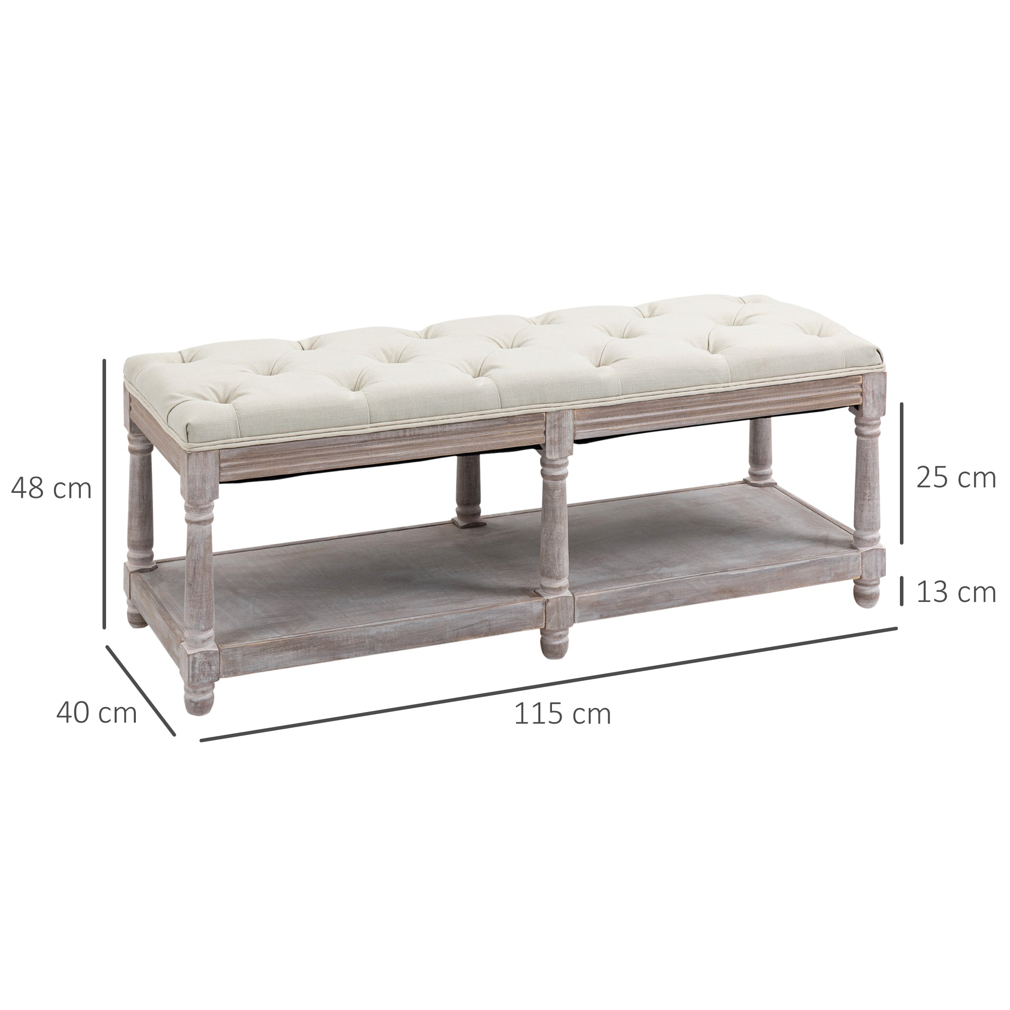 HOMCOM 2-Tier Bed End Bench, Vintage Stool, Wooden Window Seat with Storage Shelf, Button Tufted Upholstered Footstool for Living Room, Bedroom, Entryway, Cream White - North Peak Garden Furniture