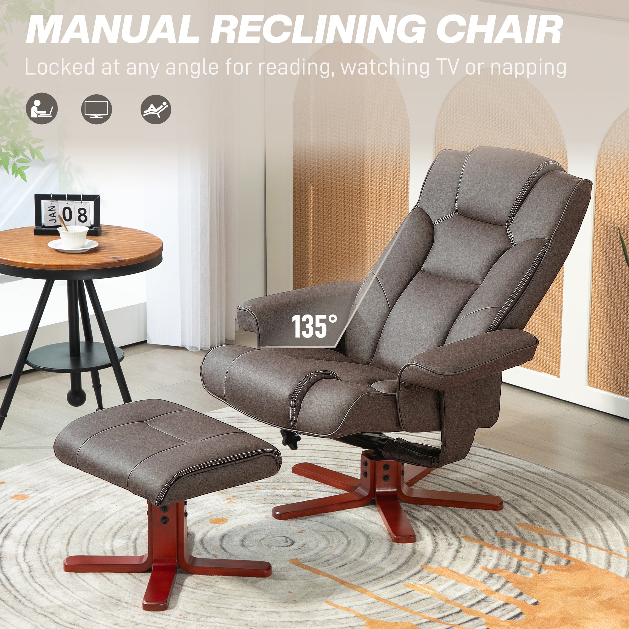 HOMCOM Faux Leather Manual Recliner and Footstool Set - Brown - North Peak Garden Furniture