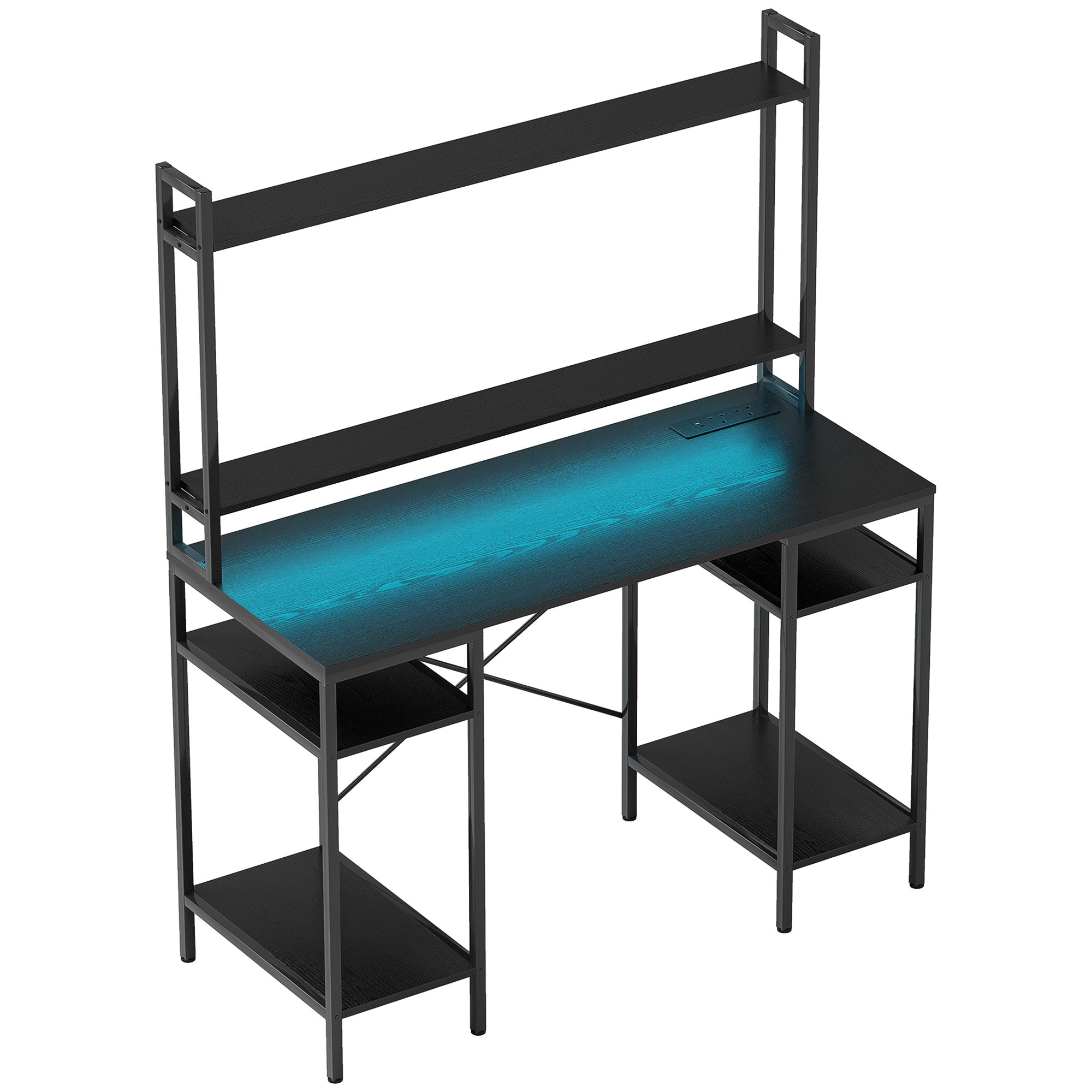 HOMCOM Computer Desk with Power Outlets and LED Lights, Home Office Desk with Monitor Stand and 2 CPU Stands, Study Table Gaming Desk with Hutch, Black - North Peak Garden Furniture