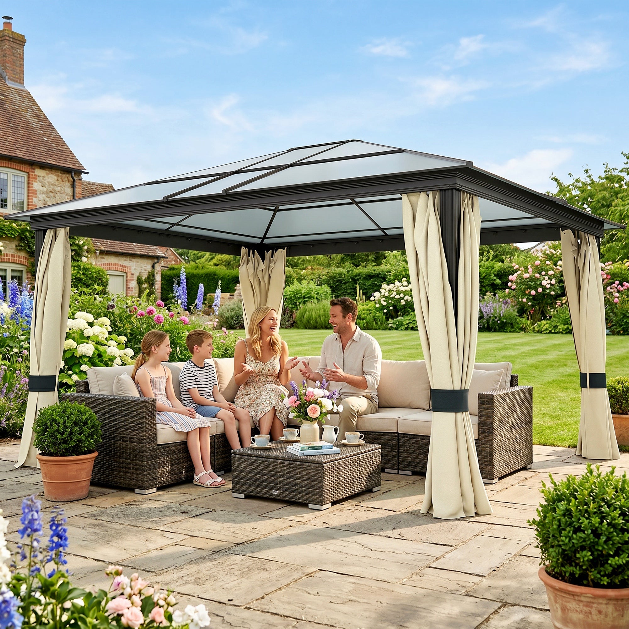 Outsunny 3.6 x 4m Hardtop Gazebo Canopy with Polycarbonate Roof and Aluminium Frame, Garden Pavilion with Mosquito Netting and Curtains
