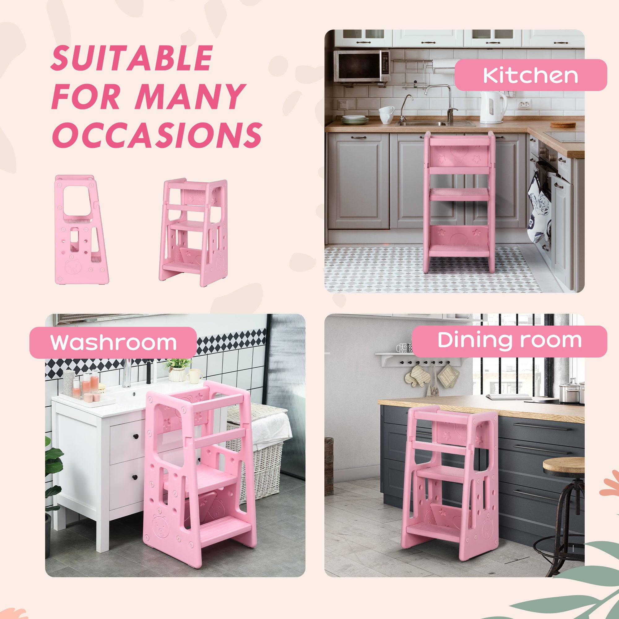 HOMCOM Kids Step Stool, Adjustable Standing Platform, Toddler Kitchen Stool - North Peak Garden Furniture