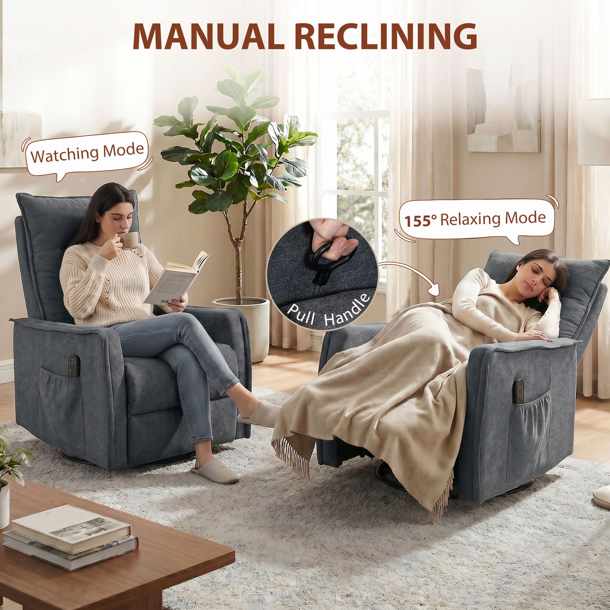 HOMCOM Recliner Armchair, Chenille Recliner Chair with Massage and Heat, 360° Swivel Rocking Manual Recliner, Dark Grey