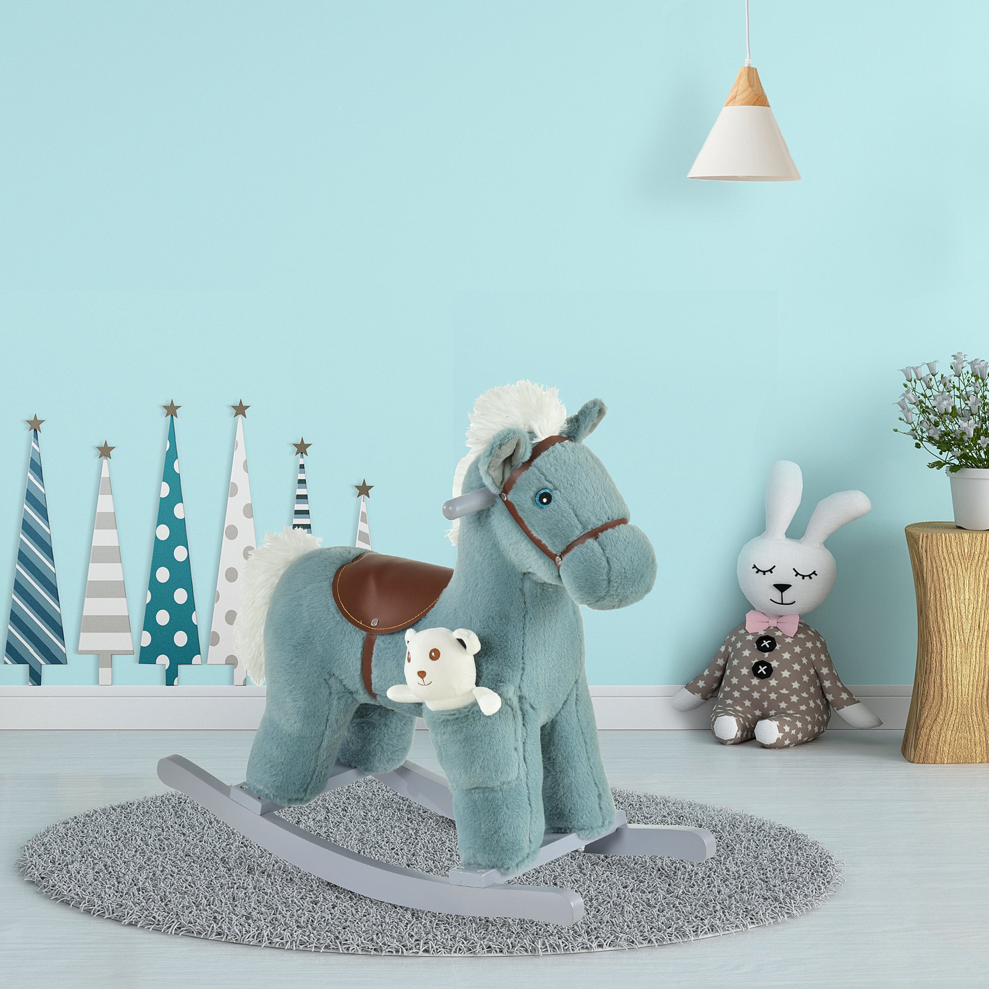 HOMCOM Kids Plush Ride-On Rocking Horse Toy Rocker with Plush Toy Realistic Sounds for Child 18-36 Months Blue - North Peak Garden Furniture