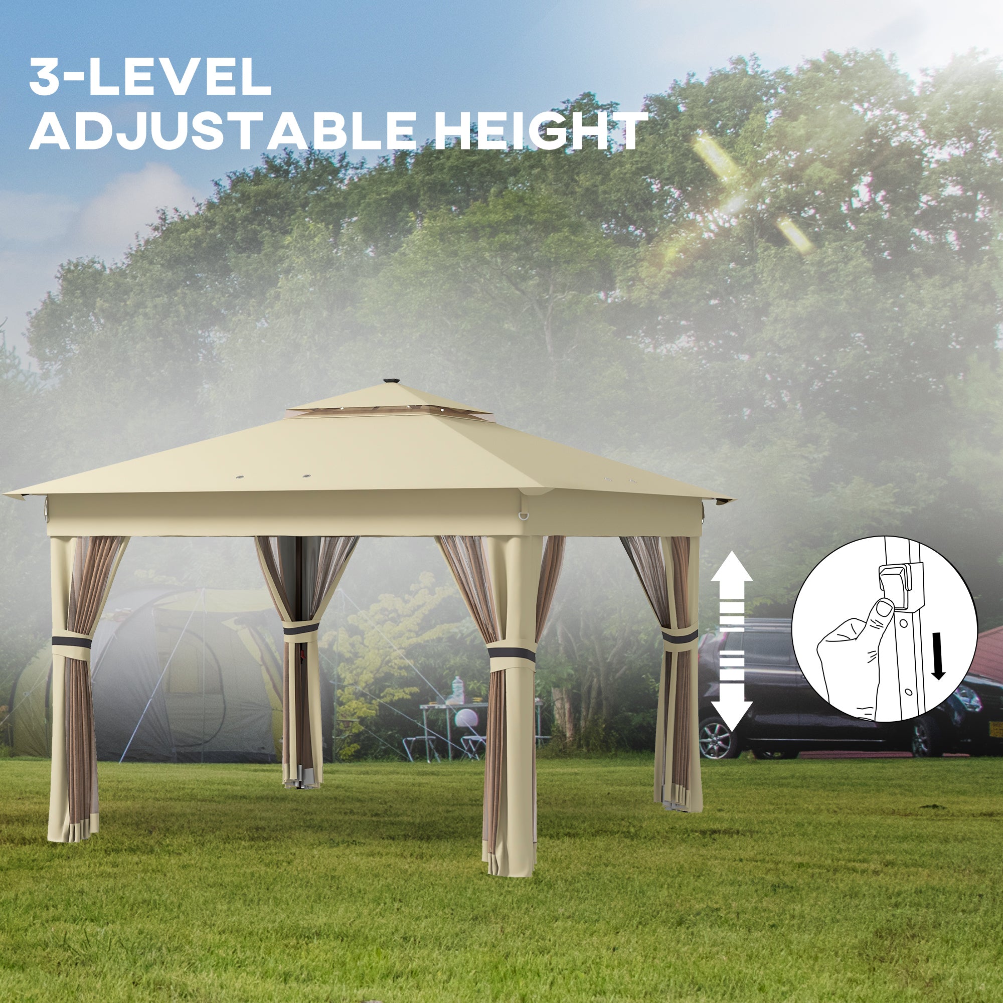 Outsunny 3 x 3(m) Pop Up Gazebo Party Tent with Solar-Powered LED Lights, Adjustable Event Shelter with Netting, Khaki - North Peak Garden Furniture