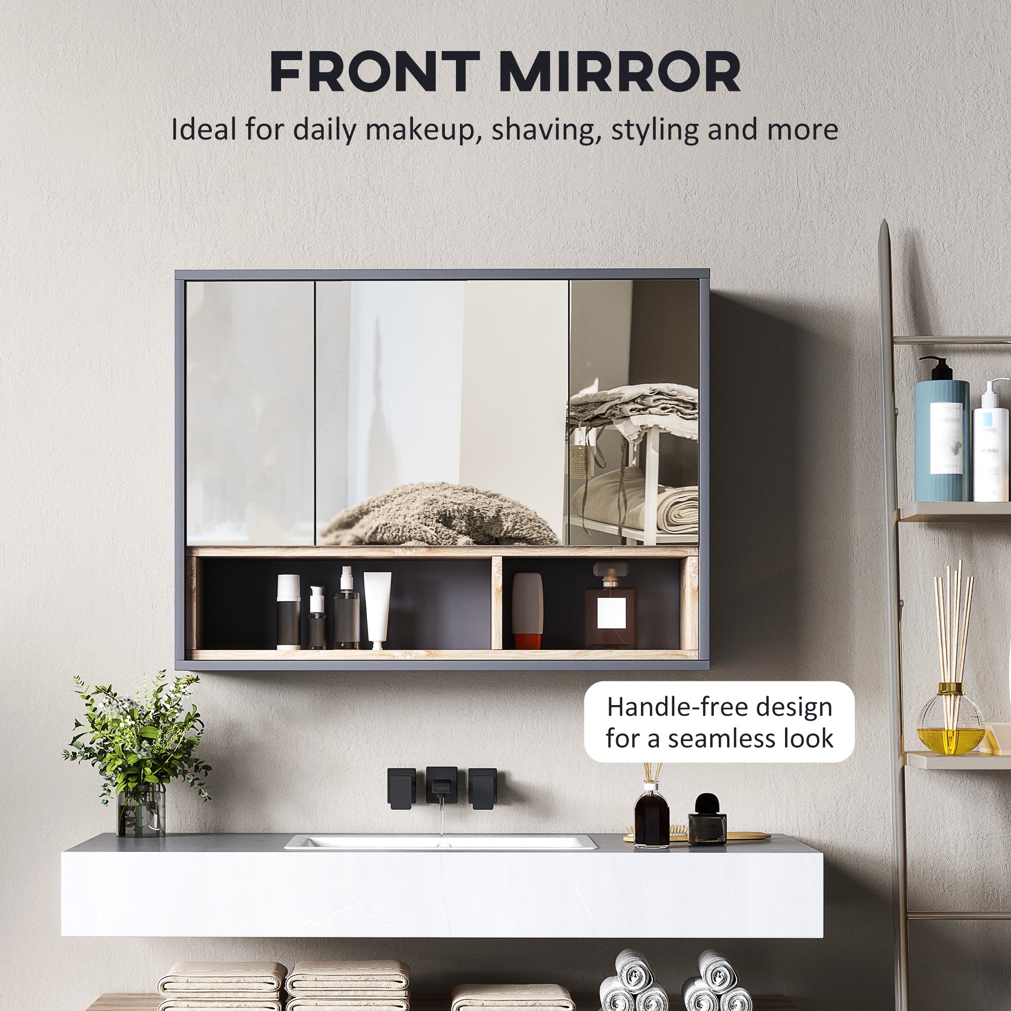 HOMCOM Bathroom Mirror Cabinet, Wall Mounted Bathroom Cabinet with Mirror, 3 Doors and Cupboards, Grey - North Peak Garden Furniture