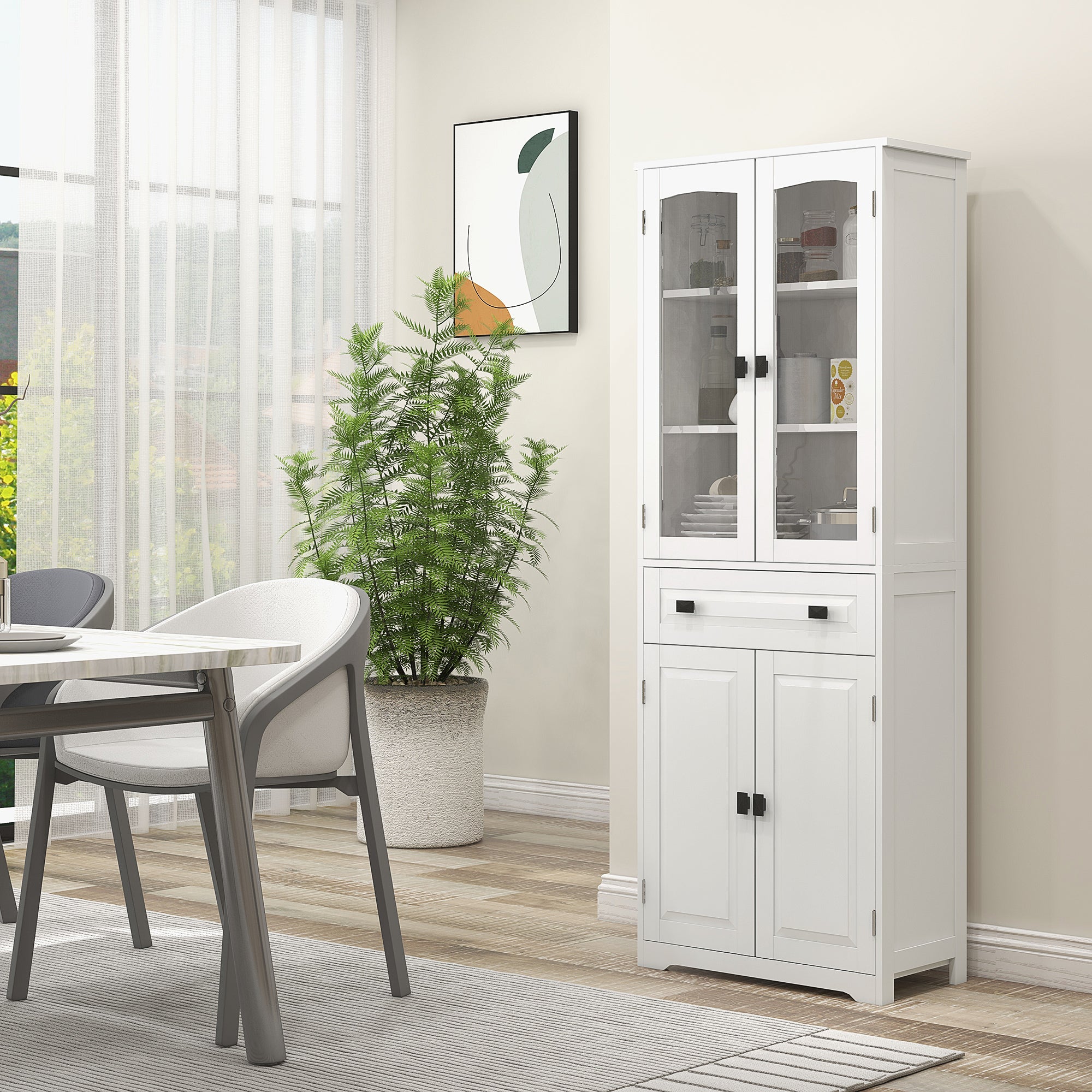 HOMCOM Kitchen Cupboard, Freestanding Storage Cabinet with 2 Adjustable Shelves, Drawer and Glass Door for Living Room, Dining Room, 160cm, White - North Peak Garden Furniture