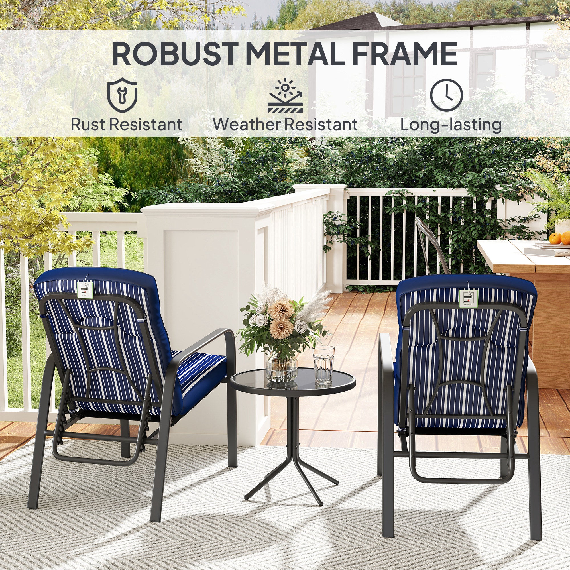 Outsunny 3-Piece Patio Bistro Set, 5-Position Adjustable Recliner Garden Chairs and Tempered Glass Table, Garden Furniture Set with Cushions, High Back, Armrests, Metal Frame for Balcony Patio, Blue - North Peak Garden Furniture