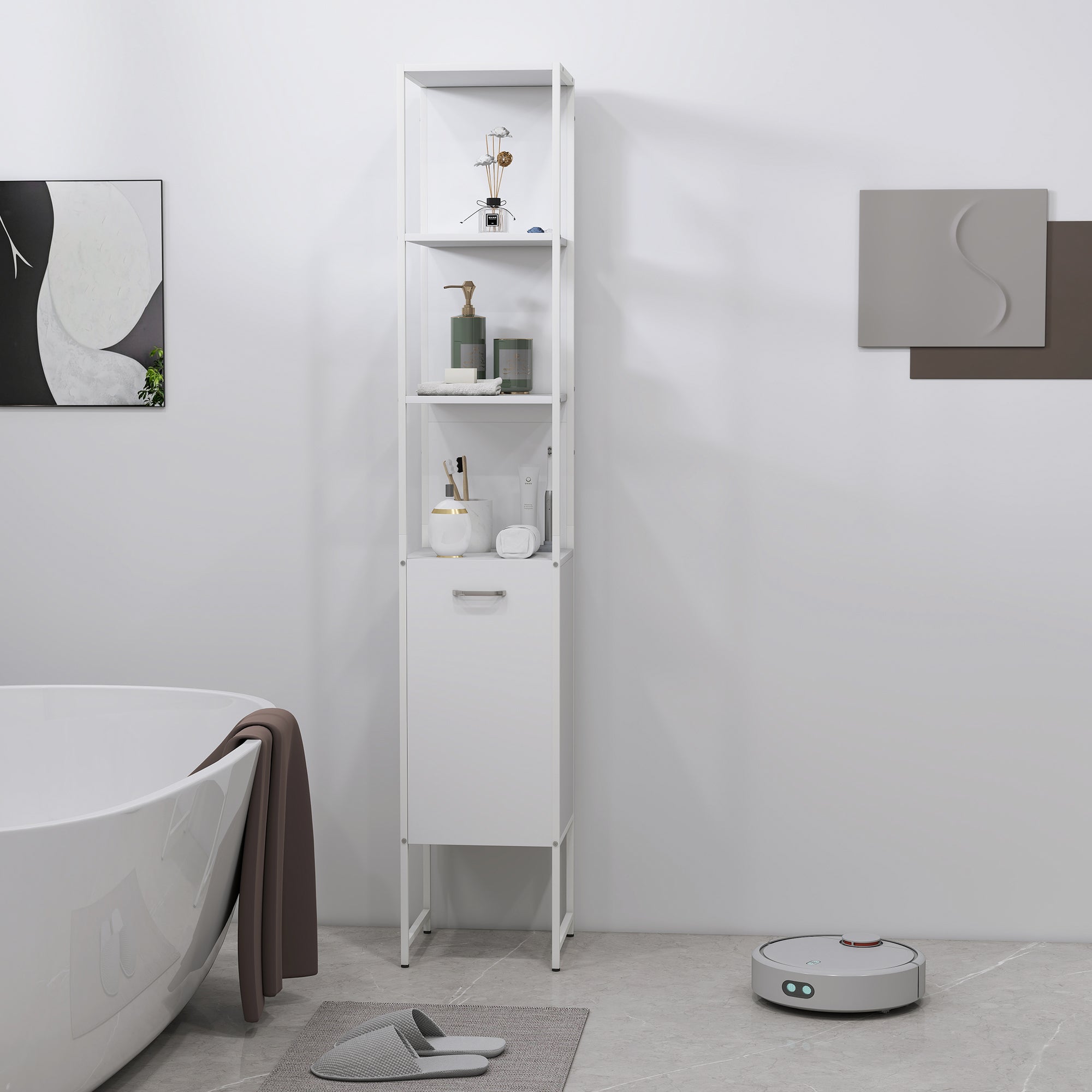 HOMCOM Tall Bathroom Cabinet with Open Shelves and Adjustable Shelf - White - North Peak Garden Furniture