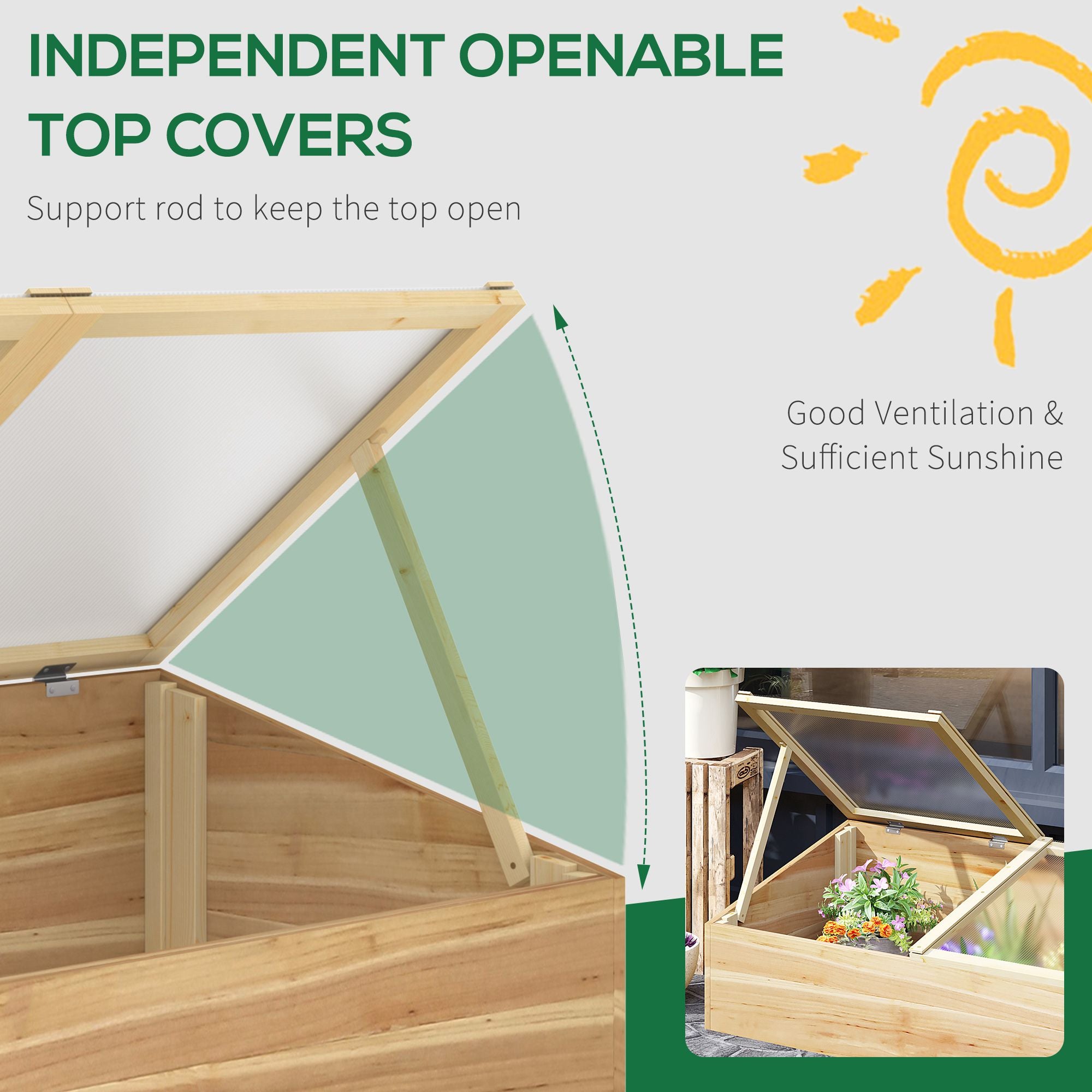 Outsunny Wooden Cold Frame Greenhouse Garden Polycarbonate Grow House with Independent Openable Top Covers for Flowers, Vegetables, Plants, 100 x 50 x 36 cm, Natural - North Peak Garden Furniture